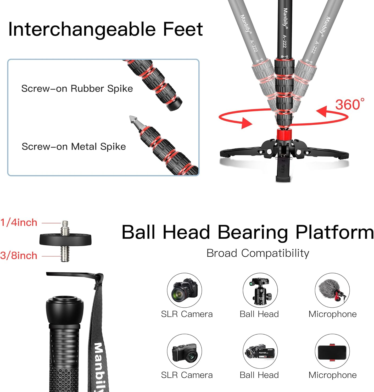 Manbily Extendable Camera Aluminum Monopod with Feet, 170Cm Monopods for Cameras Portable with Removable Tripod Base for DSLR Canon Nikon Sony Video Camcorder, 5 Sections, Max Load 15.5 Lbs (A-222) - Black+Red image number 5
