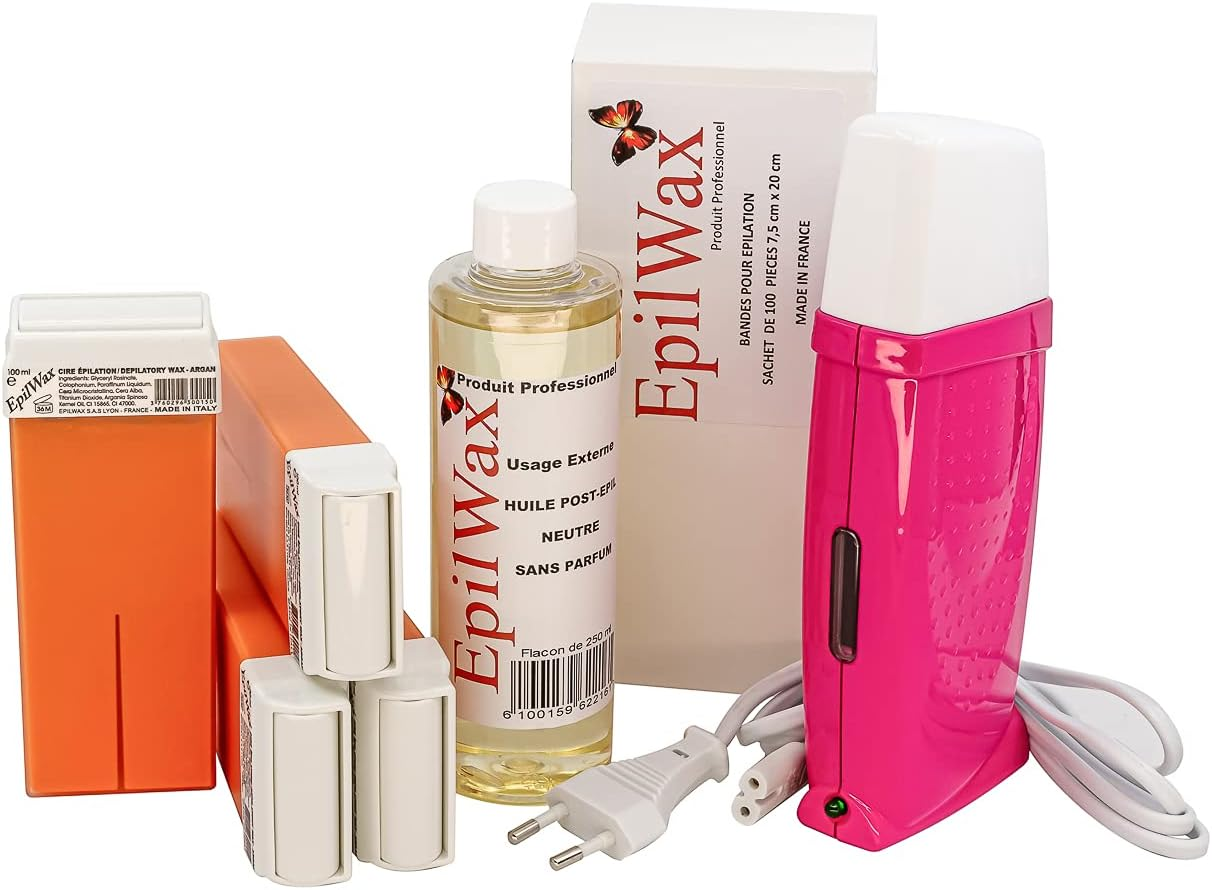 Epilwax Royal Complete Waxing Kit With: Professional Wax Heater 4 Roll-On Wax 100 Ml Vanilla, 100 Waxing Strips, 1 Bottle of 250 Ml after Waxing Oil (Royal Black Vanilla 4)