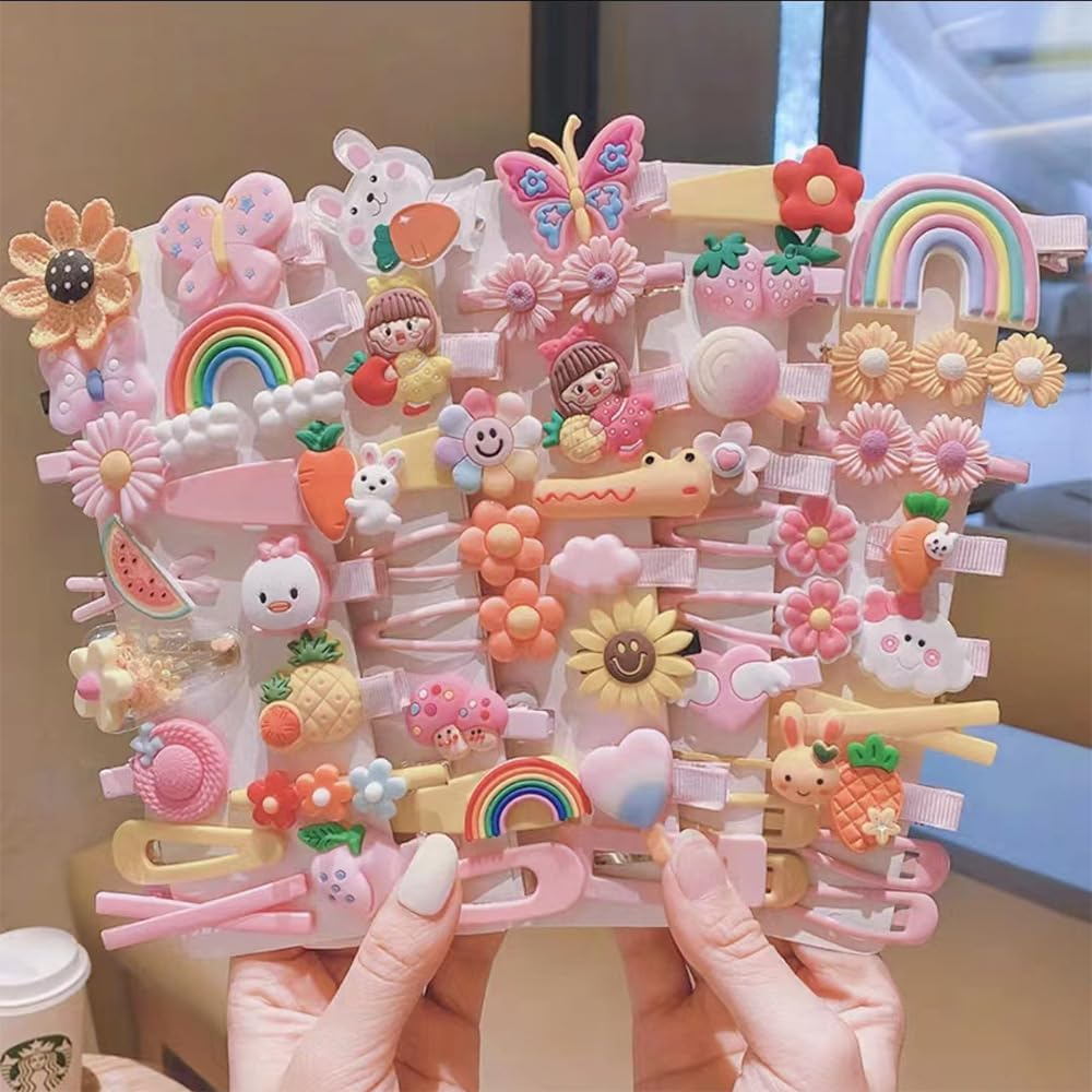 Cute Fashion Girl Rainbow Candy Flower Fruit Set Hair Pins Hair Barrettes Set, 50Pcs Flower Candy Fruits Rainbow Cute Hair Clip,Cute Hair Barrettes Pins Colorful Rainbow Flower Fruit Cute Hair Clip image number 1