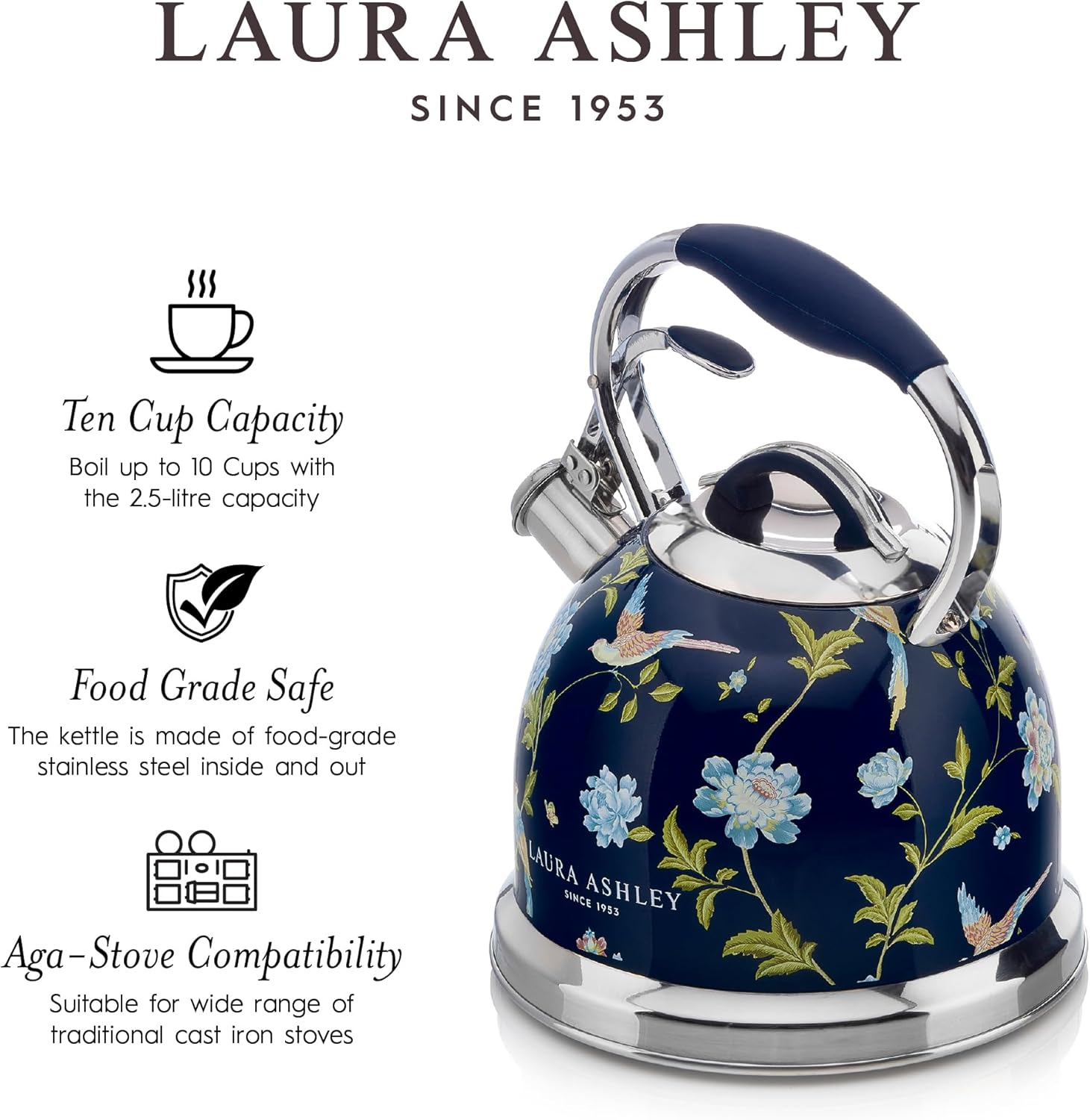 VQ Laura Ashley Elveden Navy 2.5L Stovetop Kettle. Stainless Steel Whistling Stove Top Kettle. Tea Kettle for Gas, Induction Hob & Others. Silicon Coated Cool Handle, Push Button Mechanism Teapot image number 6
