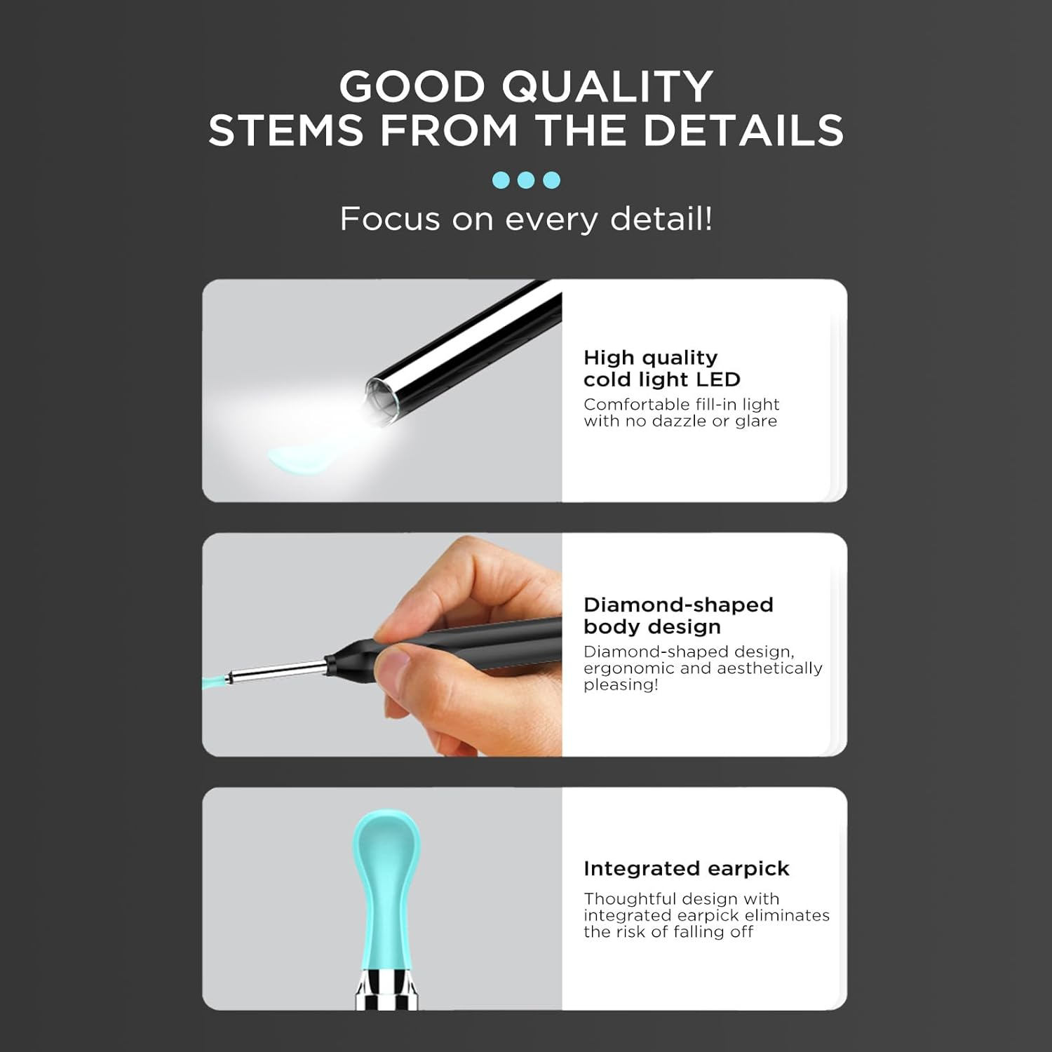 Viviendo Ear Wax Removal Endoscope, Earwax Remover Tool with Ear Camera HD, Clean & Pick Wax Kit, Tyoe-C Rechargeable Wifi Otoscope with 6 LED Lights, Ear Cleaner Scope - Black image number 4