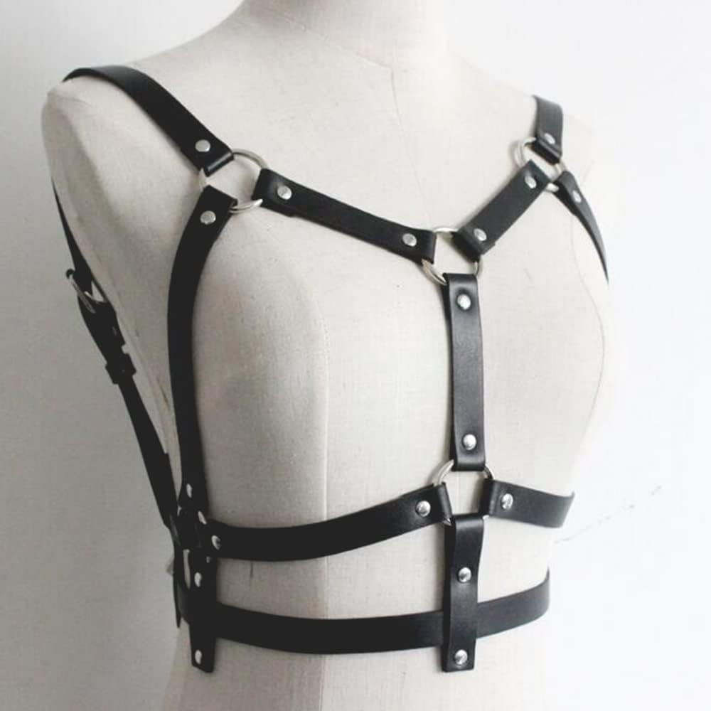 Wiwpar Punk Black Leather Chest Harness Body Waist Chain Belt Rave Nightclub Sexy Belly Bra Jewelry Accessory for Women Girls image number 4