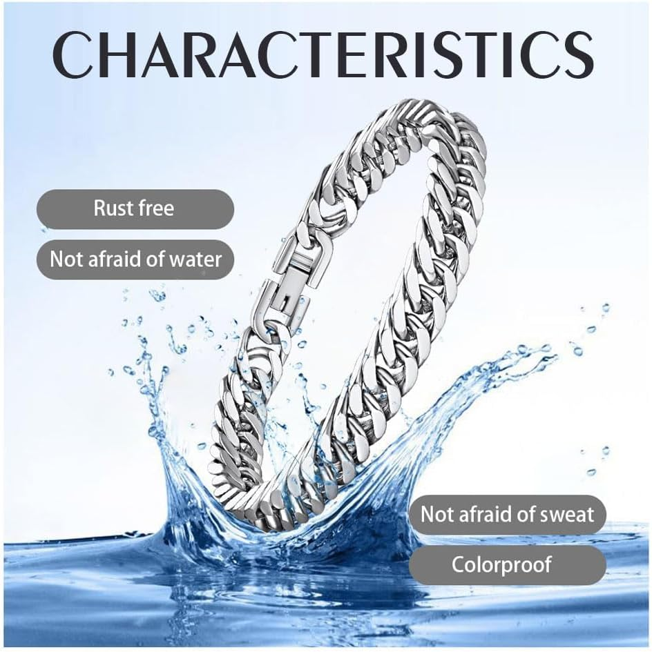 Bracelets for Men, Mens Jewelry with Gift Box Stainless Steel Simple Cuban Chunk Link Silver Bracelet for Men and Boys - 21Cm image number 2