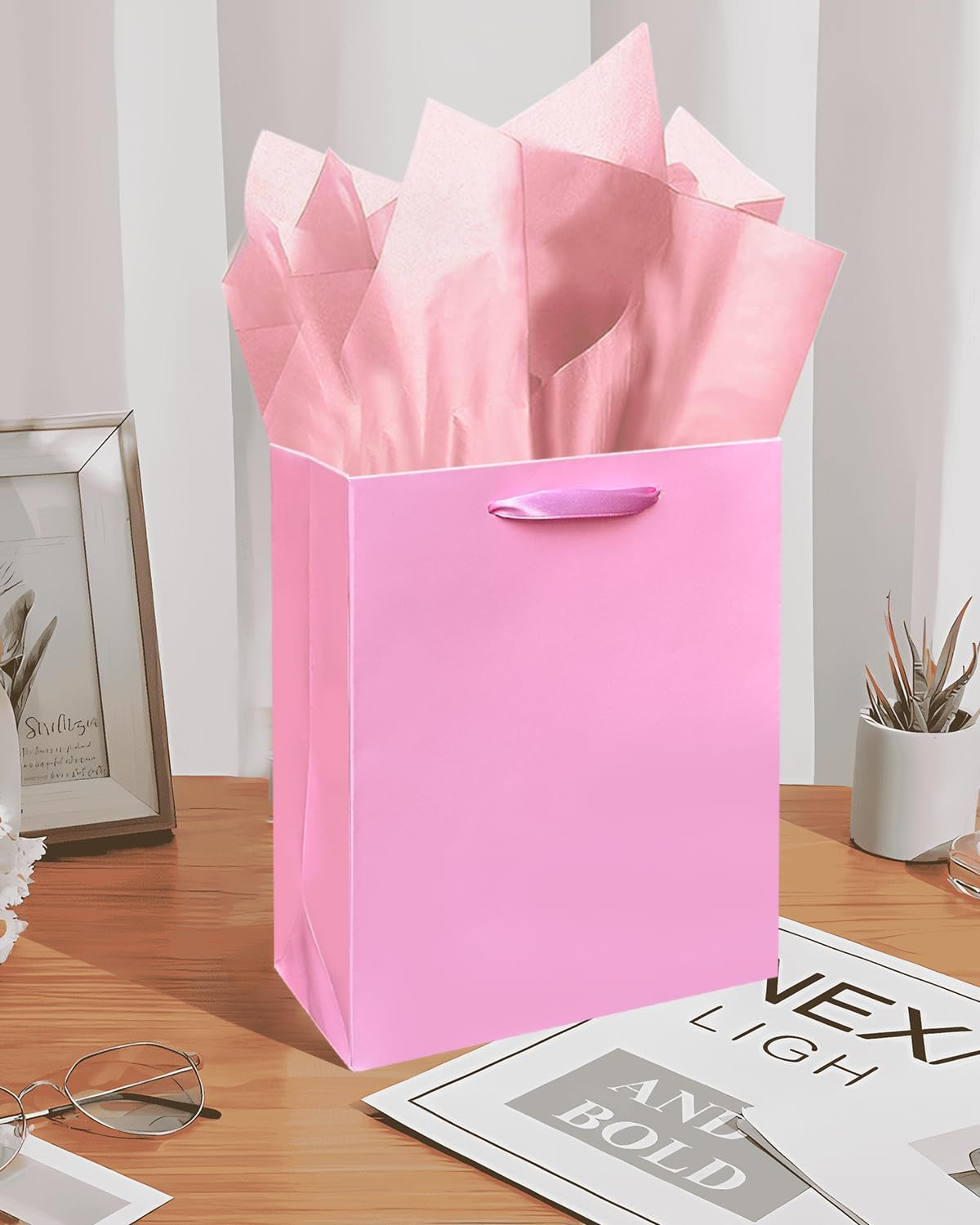 Qiqee Pink Gift Bags with Tissue Paper for Wedding, Birthday, Party Supplies-20X11X24Cm Medium Size Cardboard Gift Bags（8"X4.3"X10",5Pcs Bags +15Pcs Tissue Paper ） image number 5