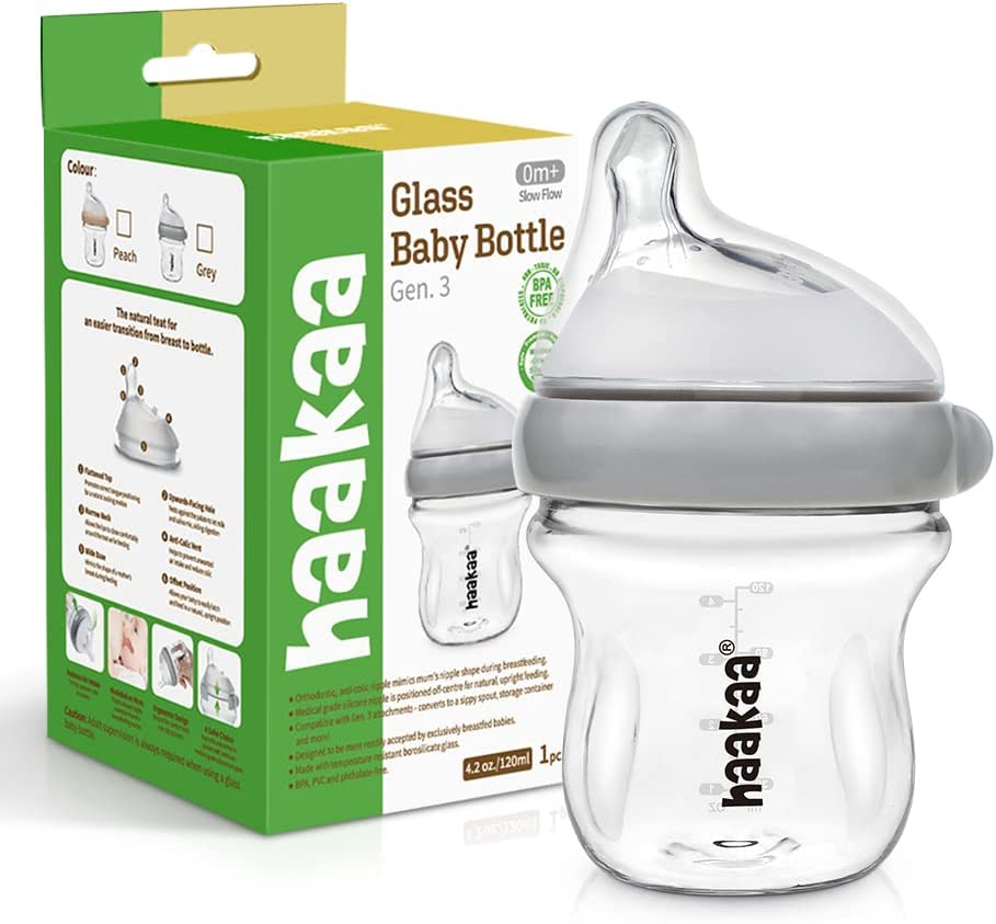 Haakaa Gen.3 Glass Baby Bottle 120Ml, with Anti-Colic Valve, Fast Flow, Mimic Breastfeeding, Temprature Resistant (Grey)&hellip;