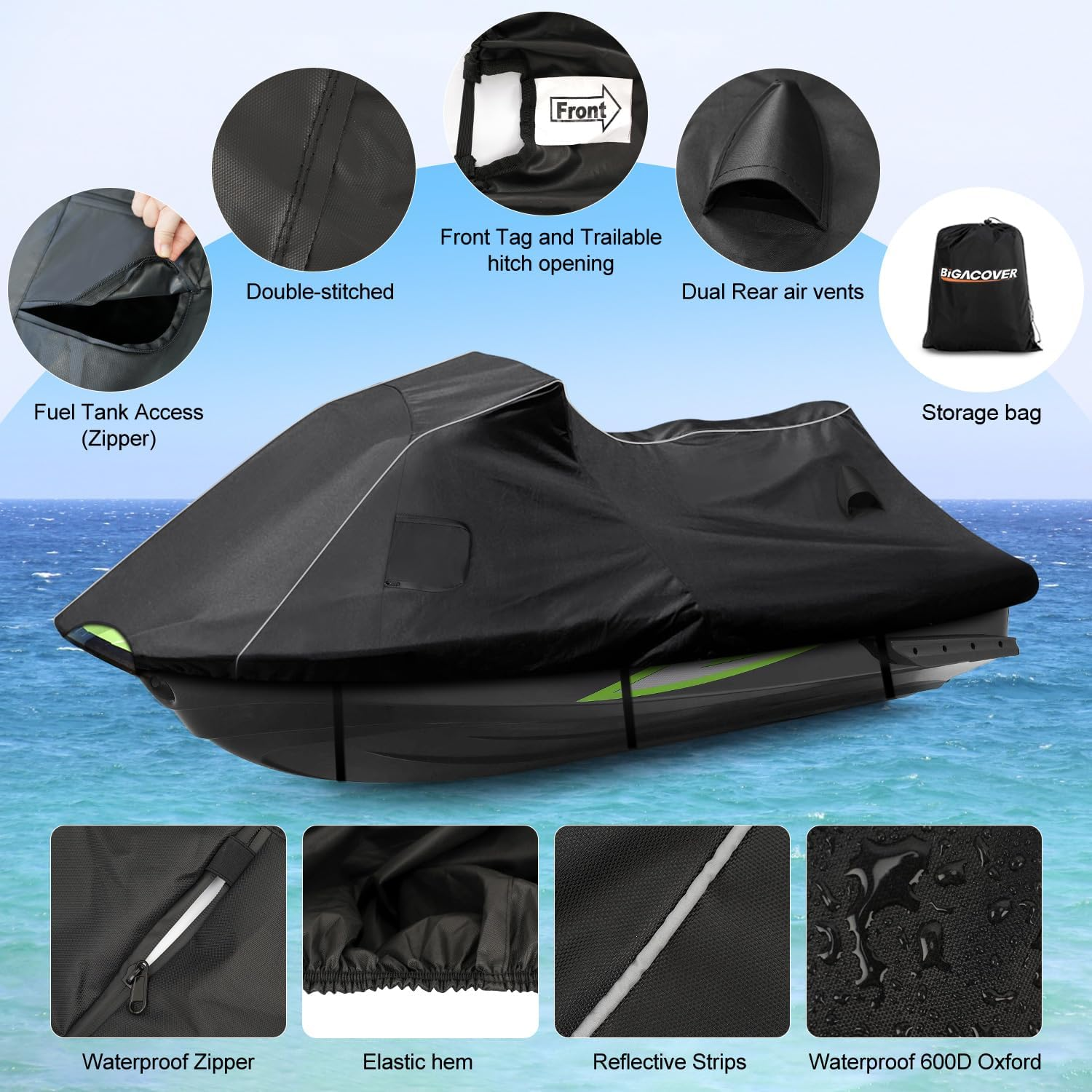 For Yamaha 2019-2022 FX Cruiser SVHO/FX Cruiser HO Jet Ski Cover Trailerable Cover with Waterproof Zipper 600D Oxford PU Waterproof UV Proof Jetski Waverunner Covers image number 6