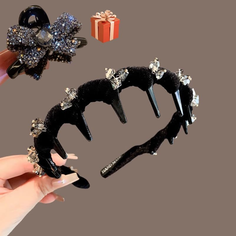 New Vintage High Cranium Artificial Pearl Hairband Elegant Braided Pearls Headbands with Teeth, Anti-Slip Decorative Hair Bands Fashion Hair Accessories for Women Rhinestone-Black image number 3