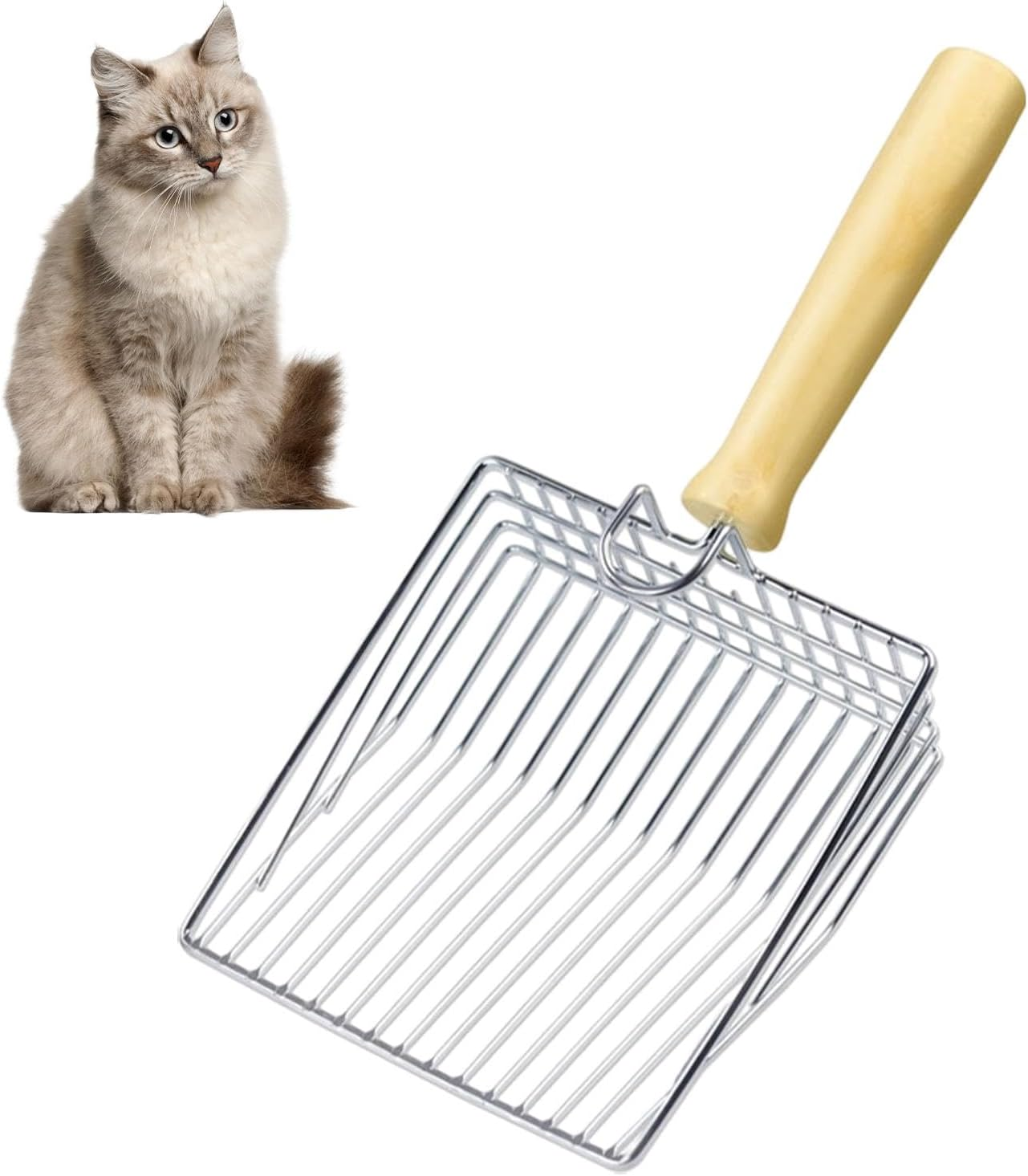 Polished Smooth Stainless Steel Durable Wooden Handle Cat Litter Scoop 7Mm Gaps Metal Garbage Shovel image number 2