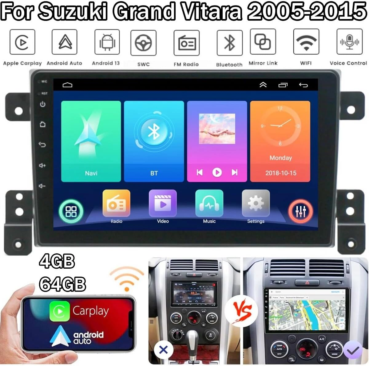 Android13 Carplay Radio GPS Navi Car Stereo W/Cam Compatible for Suzuki Grand Vitara 2005-2015 image number 2