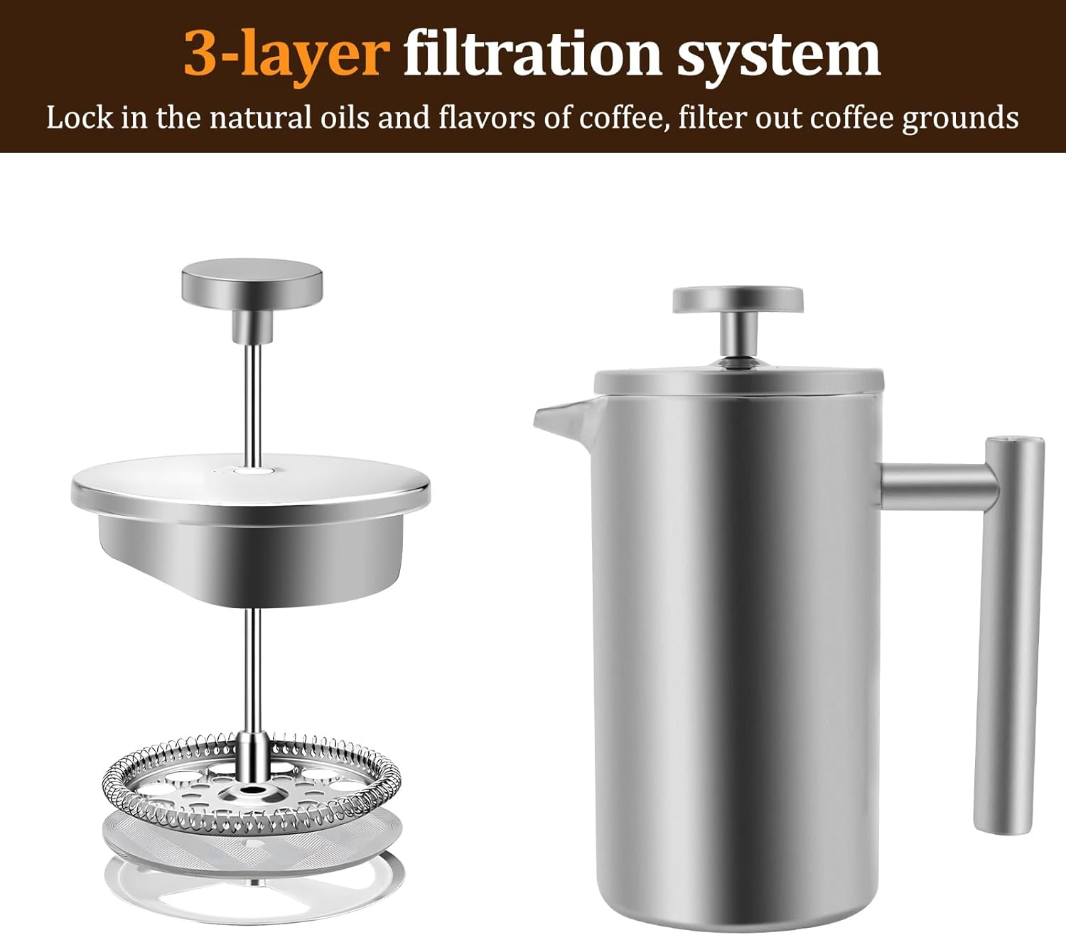 French Press Coffee Maker, 350ML Effortless to Clean Premium 304 Stainless Steel Coffee Press Pot with Our Reusable Stainless Steel Filter, Rustproof, for Cappuccino Latte Mocha Silver image number 5