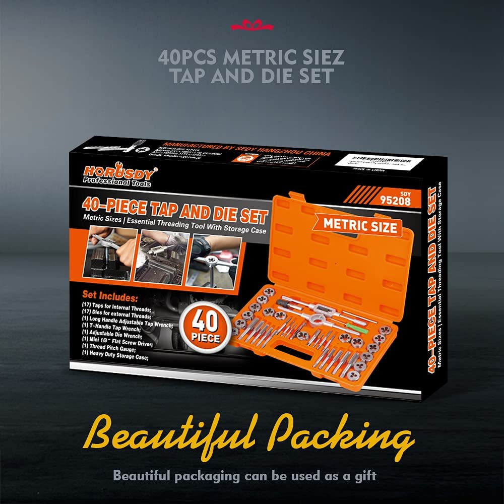 HORUSDY 40-Piece Tap and Die Set, Metric Set Threading Tapping Cutting Tool with Accessories, Pitch Gauge and Storage Case image number 1