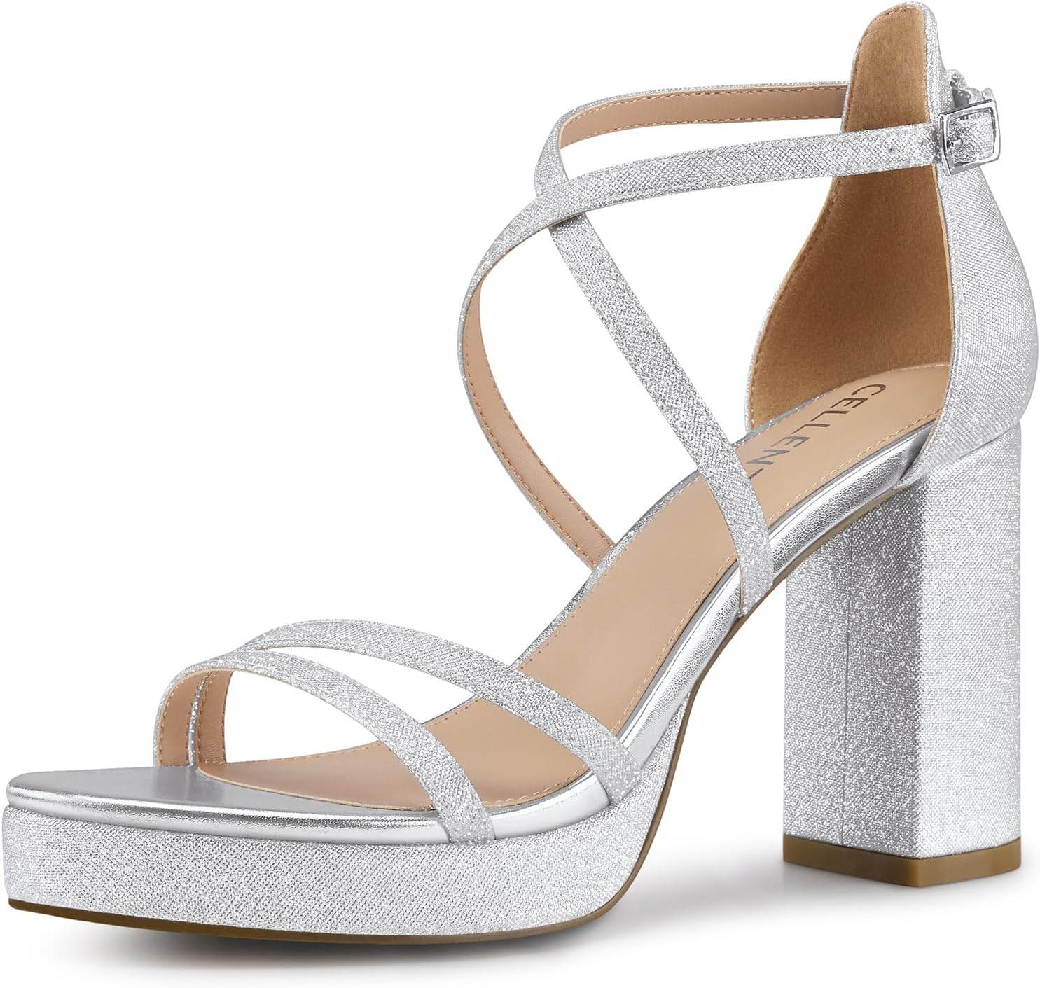 Women Strappy Platform Heels: 3.4 Inch Chunky Heeled Sandals, Comfortable Sexy Block High Heels, for Prom Party Bridal Wedding Black White Silver Nude Dressy Shoes image number 6