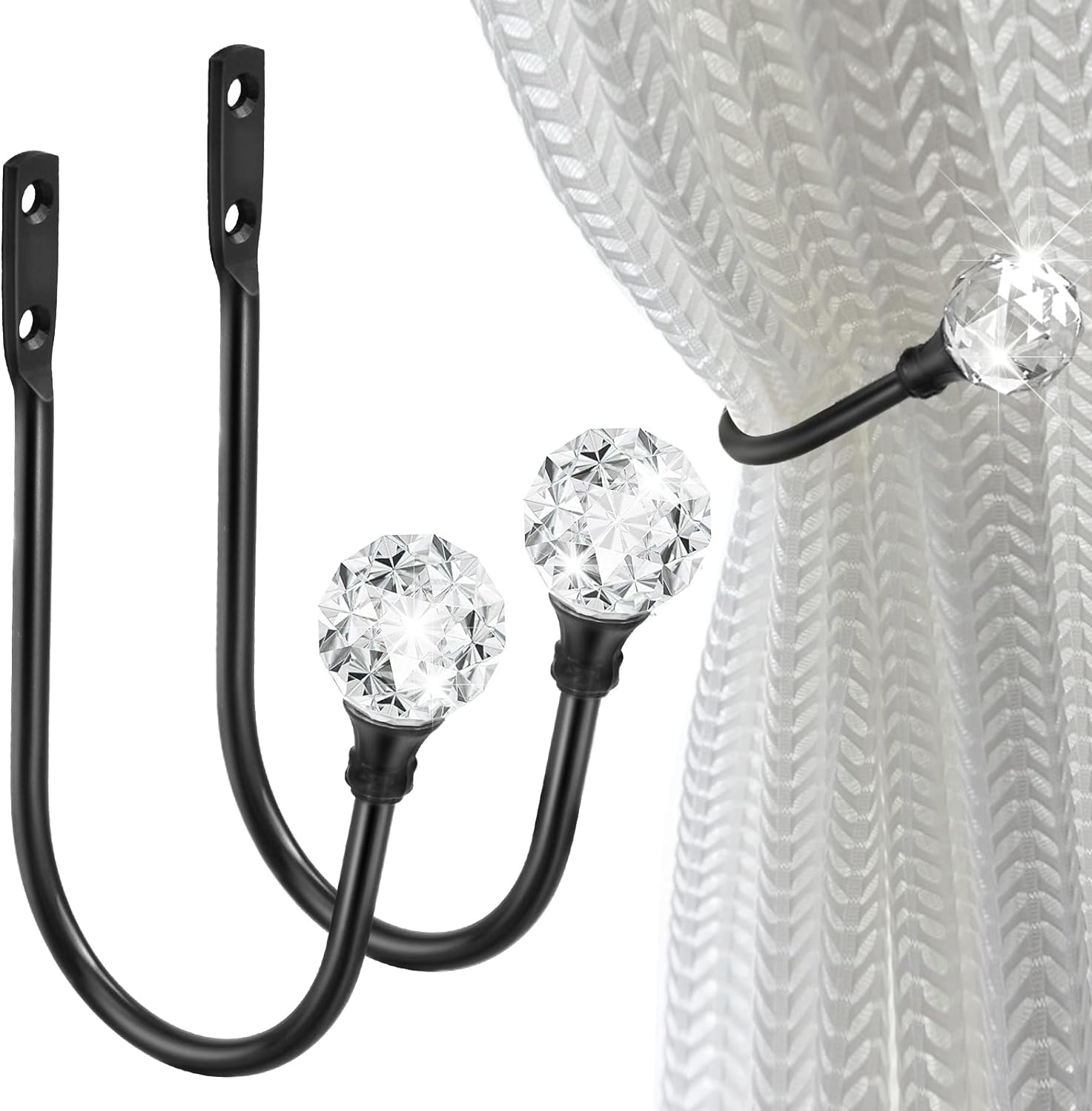 Crystal Curtain Holdbacks - Wall Mounted Decorative Curtain Pull Backs for Drapes - Metal Heavy Duty Window Treatment - U Shaped - Black 2 Pack image number 3