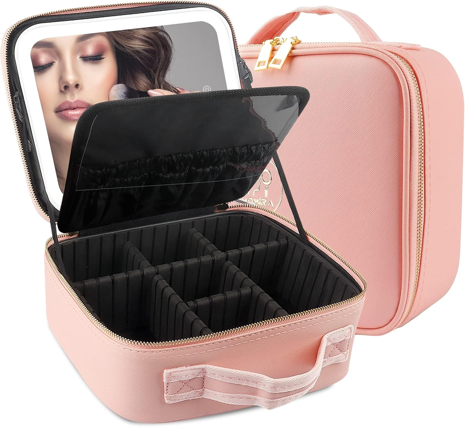 MOMIRA Travel Makeup Bag Cosmetic Bag Makeup Organizer Bag with Lighted Mirror, Adjustable Brightness in 3 Color Scenarios, Waterproof Makeup Train Case - Pink