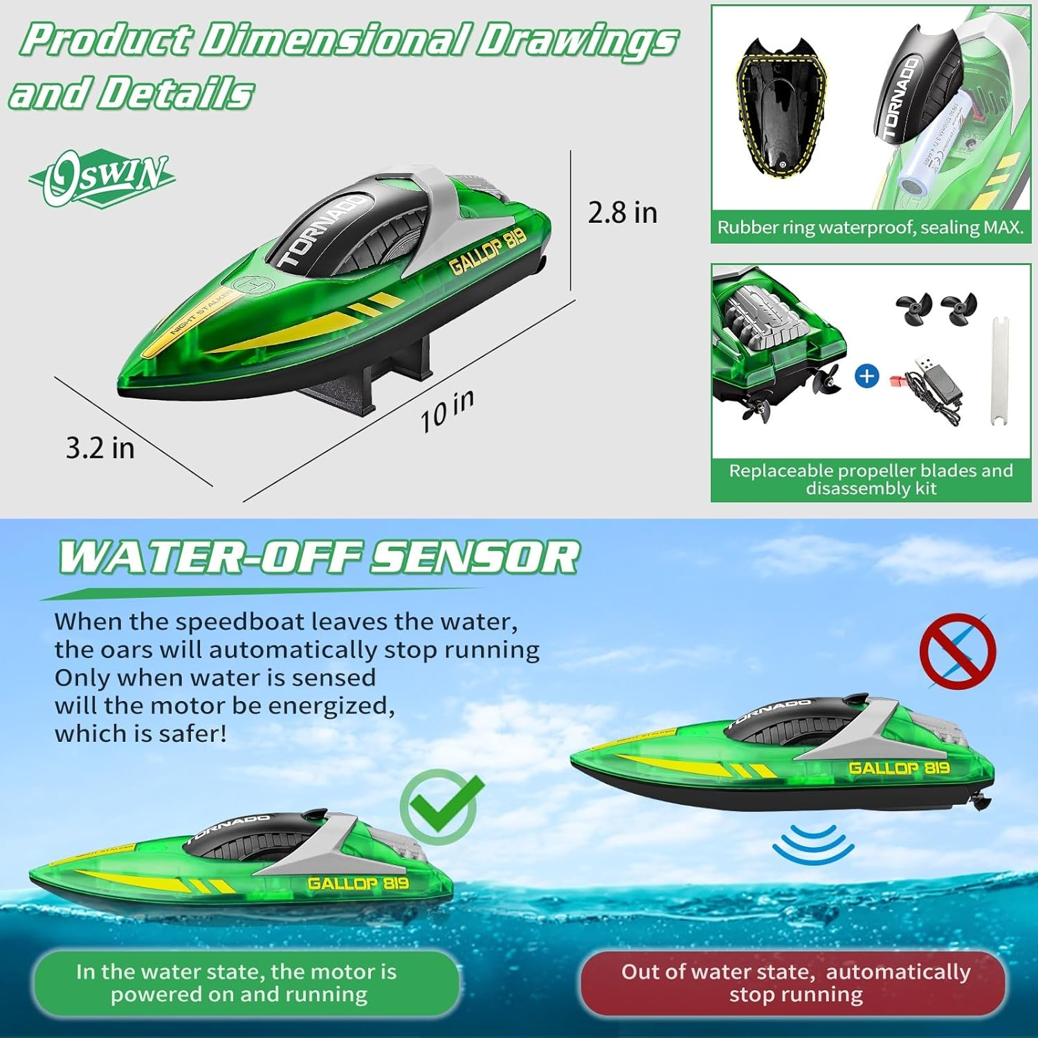 OSWIN RC Boat - HJ819 with 2 Rechargeable Battery, 15+ MPH Fast Remote Control Boat for Pool & Lake, RC Speed Boat 2.4Ghz Race Boats for Adults & Kid, Outdoor Water Toys(Green) image number 3