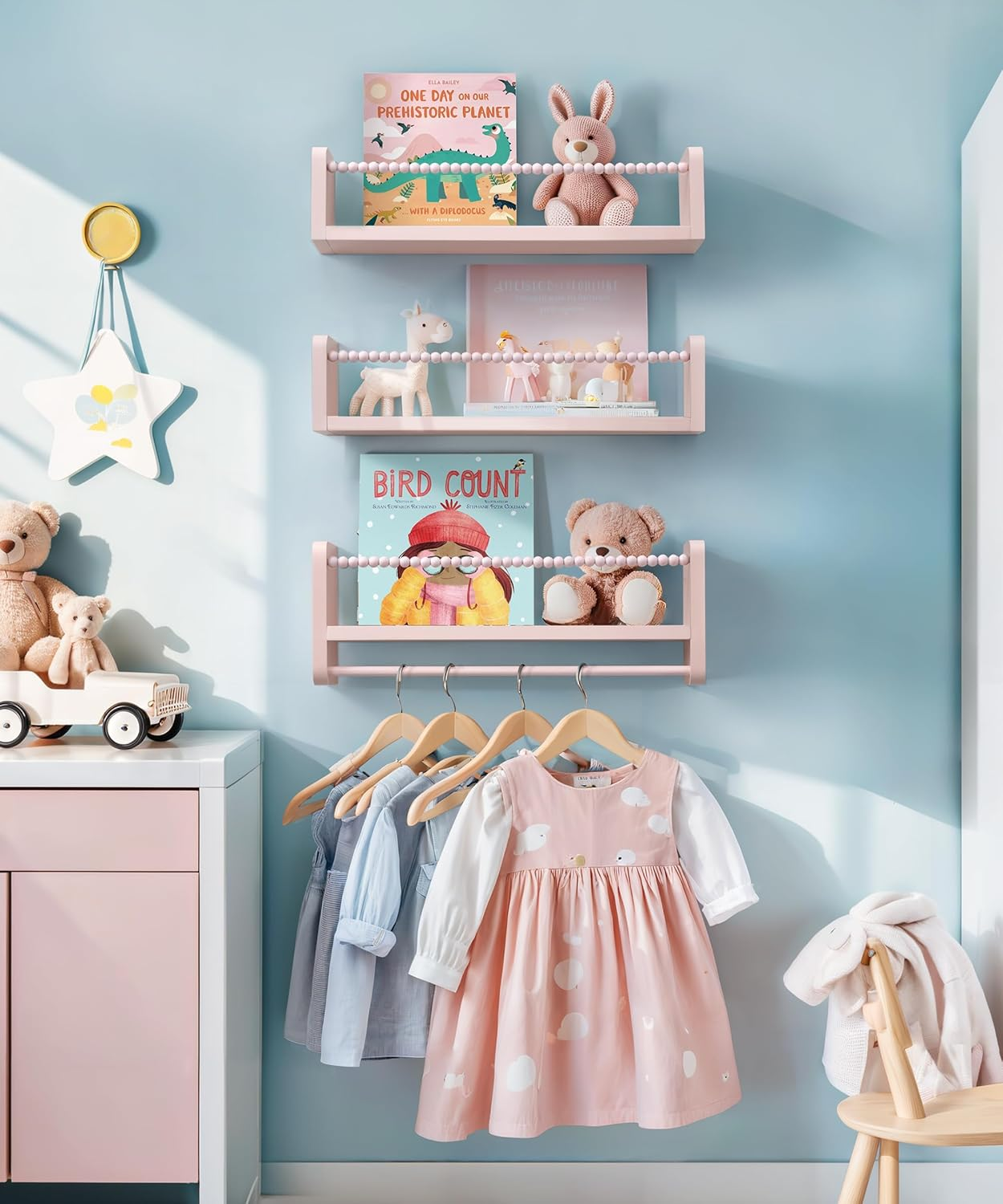 Nursery Book Shelves, Set of 3 Kids Bookshelves Natural Wood Wall Mount Organizer with Towel Bar Hanging Nursery Decor for Kids Room, Playroom, Bedroom and Kitchen, Pink image number 1