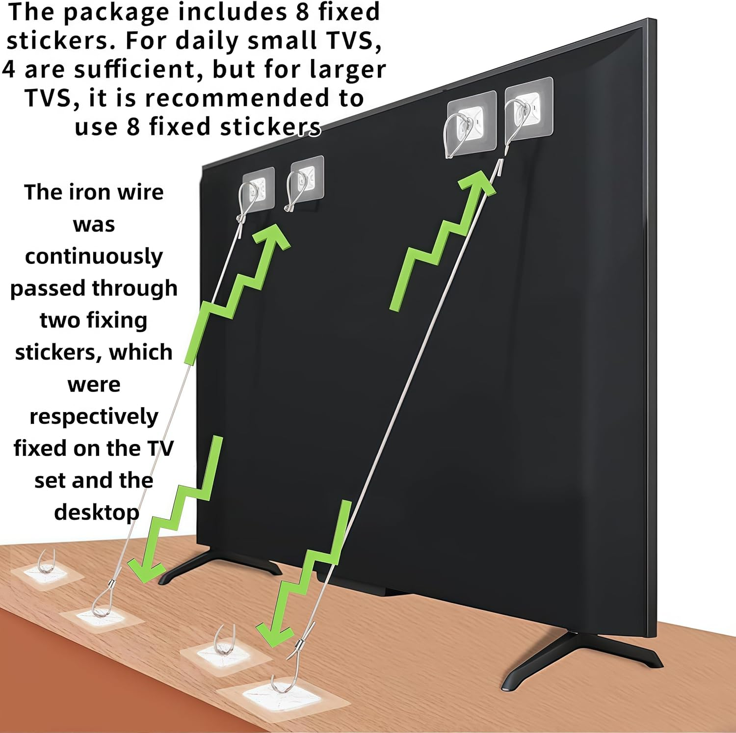 Adjustable Safety Straps (2 Pcs Steel Wire Rope+8Pcs Adhesive Pad),No-Drill Adhesive Anti-Tip Furniture Anchors Kit for Secure Flat Screens Fix to Wall,Cabinet,Dresser,Stand or Desk image number 2