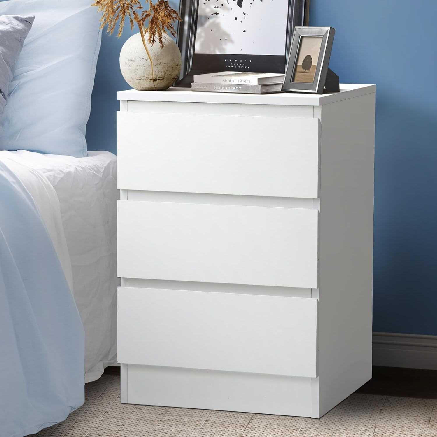 Oikiture White Bedside Table with 3 Drawers Bed Side Table