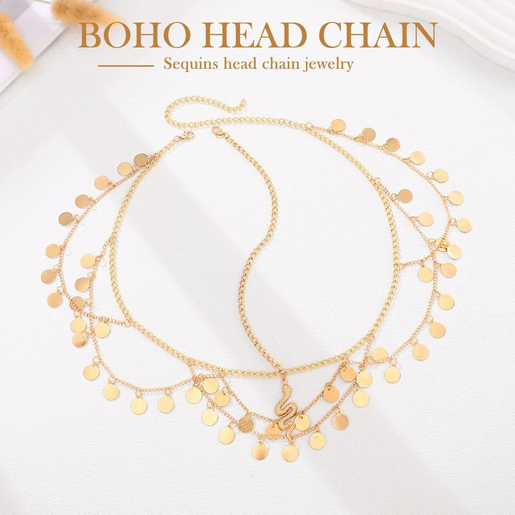 Fashband Gold Sequin Head Chain Snake Pendant Hairband Festival Party Hair Accessories for Women image number 3