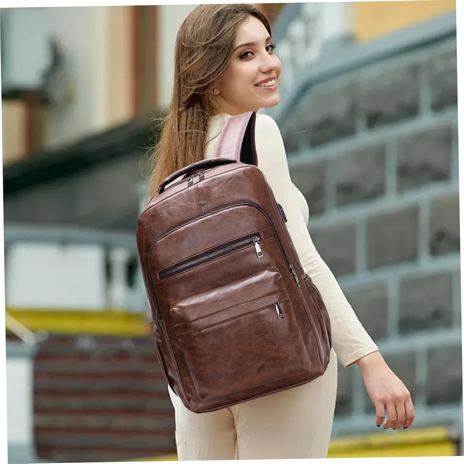 Leather Backpack for Men, 11X15.7Inch Vintage PU Leather Backpack with Multi-Pockets, Waterproof Shoulder Daypacks for Business Travel Hiking image number 2