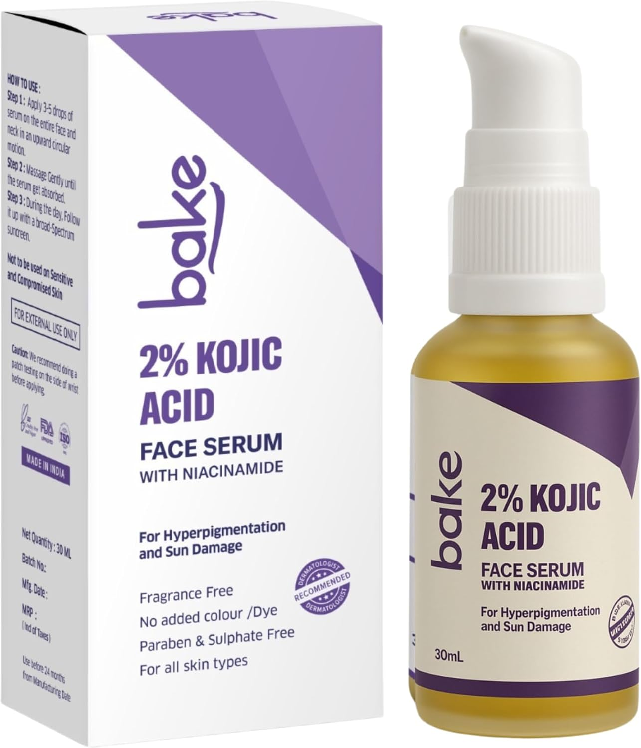 BAKE 2% Kojic Acid Face Serum with 5% Niacinamide & 2% Glycolic Acid for Pigmentation & Dark Spots for Dark Circles, Tan Removal & Sun Damaged Skin Skin Brightening Yellow 30 Ml (Pack of 1)