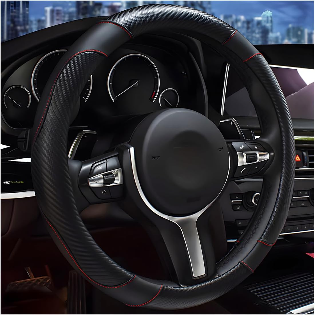 DXNQ Car Steering Wheel Cover, 15 Inch Carbon Fiber Leather Stitching Color Steering Wheel Protector, Anti-Slip Elastic Breathable Steering Wheel Cover Stylish Decor for Most Cars (Black&Red)