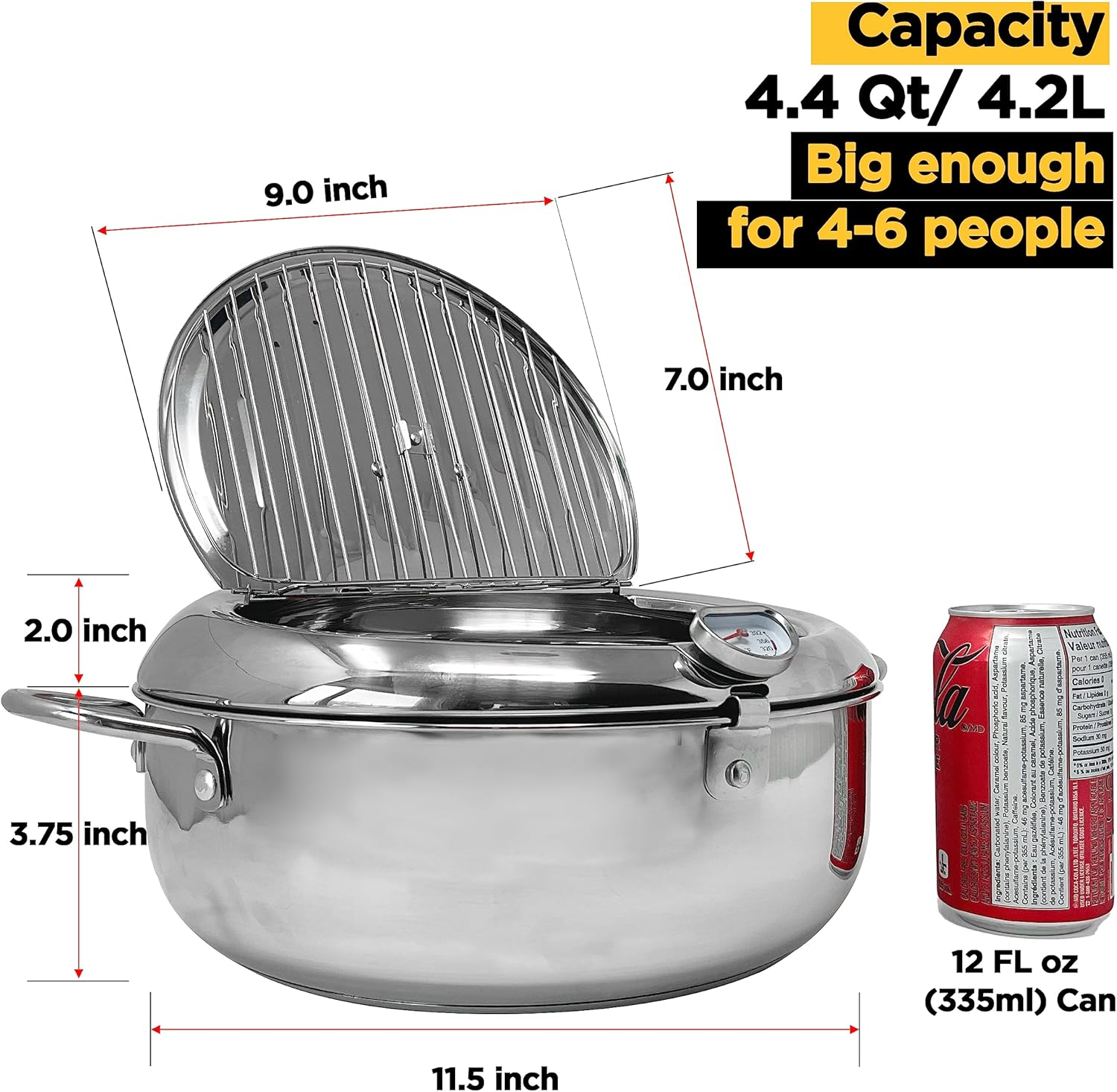 Deep Fryer Pot (&deg;F), 11"/4.4Qt (4.2 L) Extra Large Tempura Frying Pot with Lid, 304 Stainless Steel Fry Pot with Fahrenheit Thermometer and Oil Drip Drain Rack