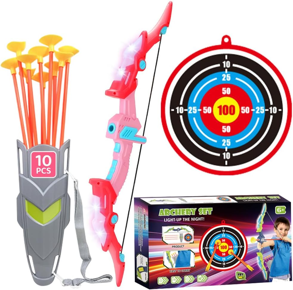 AUTOWT Bow and Arrow Toys with LED Light up Archery, Indoor Outdoor Activity Toy Play Set with 10 Suction Cup Arrows, Target & Quiver for Kids Boys Girls 4 5 6 7 8 9 10+ (Green)