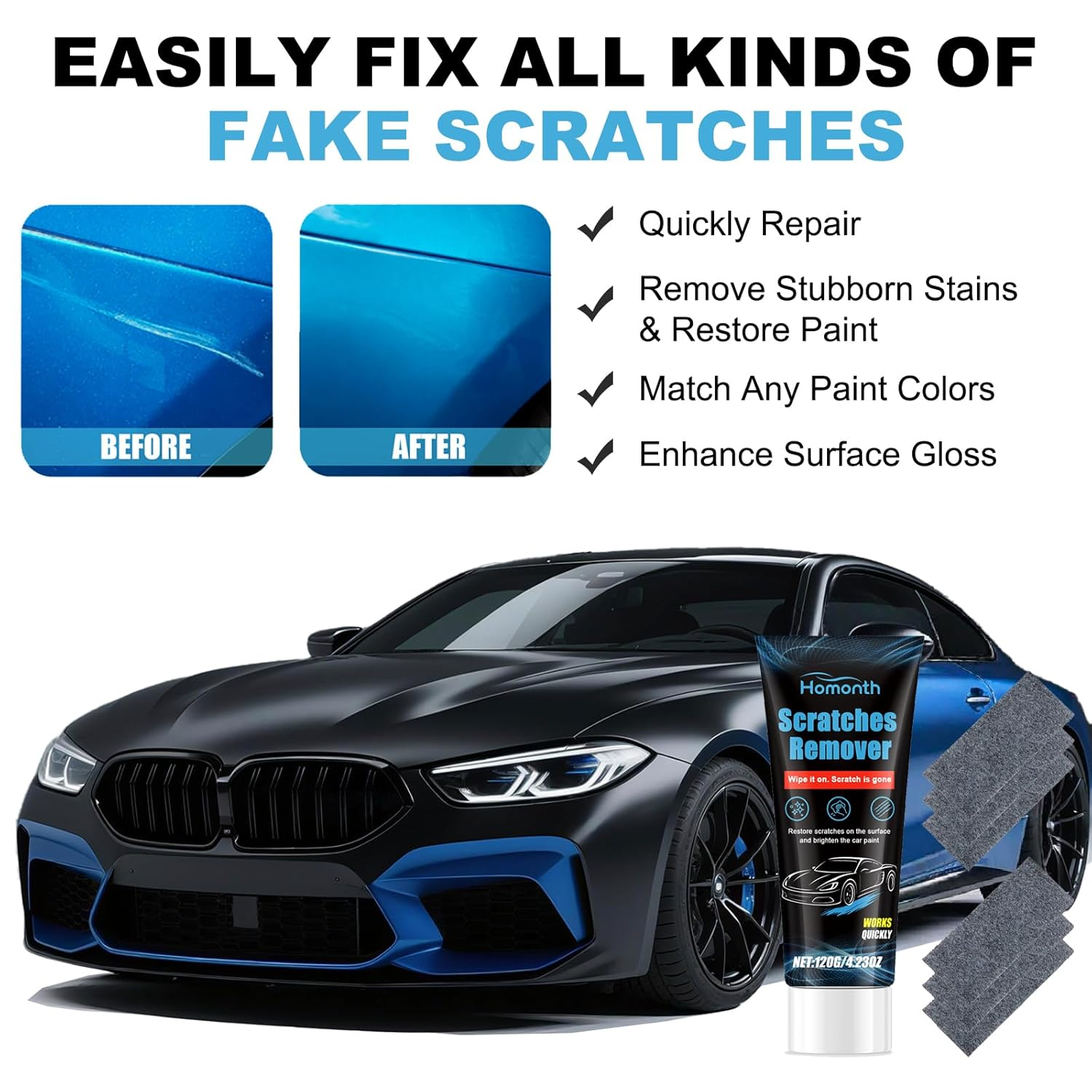 Nano Sparkle Cloth Car Scratch Remover, 120G Paint Restorer with 6 Wipes Cleaning Cloth, Car Polish Wax Cleaning Kit- Scratch Repair for Vehicles, Removes Swirls & Water Spots