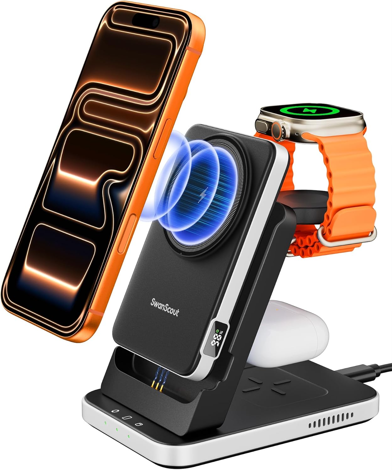 Swanscout Magnetic Wireless Charger, 3 in 1 Charging Station for Iphone Air/17/16/15/14/13/12 Series, 5000Mah Power Bank Compatible with Magsafe, Stand for Apple Watch/Airpods, 304M