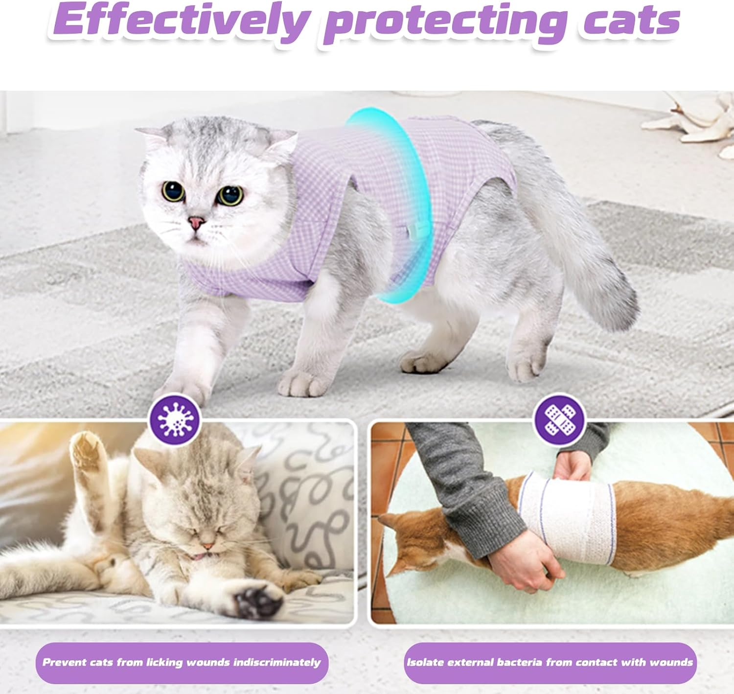 Larfraecy Cat Surgery Recovery Suit,Soft,Breathable,Elastic Fabric,Cat Vest Bodysuit after Surgery,Cat Onesies,Cat Recovery Shirt for Female Male Cat for Abdominal Wounds Prevent Licking (Purple, M) image number 1
