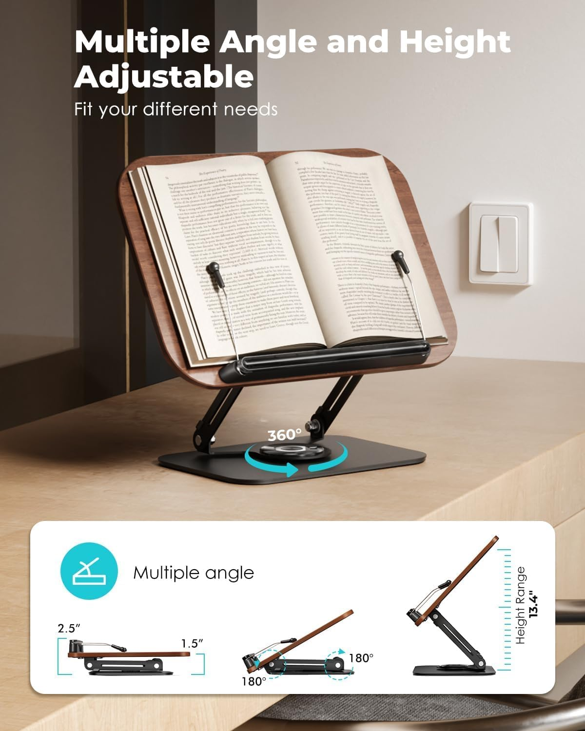 Book Stand for Reading,Book Holder, Height&Angle Adjustable, 360&deg; Rotating Base, Foldable and Portable, Lightweight for Office, Kitchen, School Textbook, Recipe,Kindle,Tablet (Dark Wood) - Dark Wood image number 5