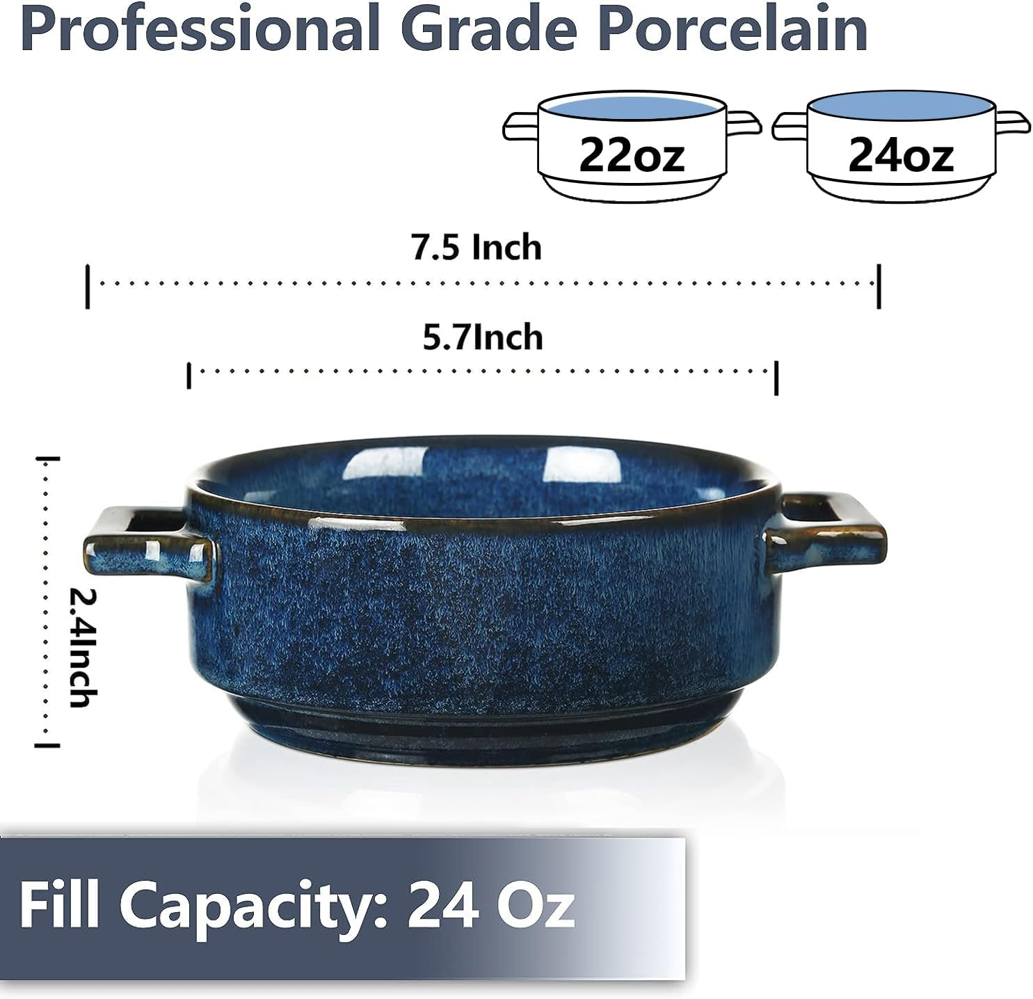 Vicrays Ceramic Soup Bowls with Handles, 24 Oz Porcelain Soup Crocks for French Onion Soup, Cereal, Beef Stew, Chill, Pasta, Pot Pies, Microwave and Oven Safe, Set of 4 (Blue) image number 5