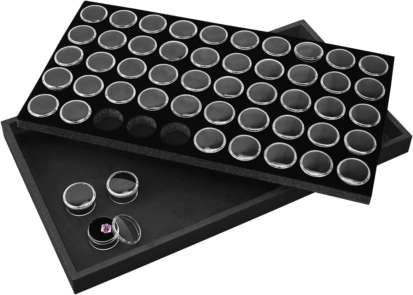 Ikee Design Black Foam Gem Jars Showcase Stackable Display Tray for Collectibles, Home Organization Storage Box with 50 Gemstones and Bead Storage Jars