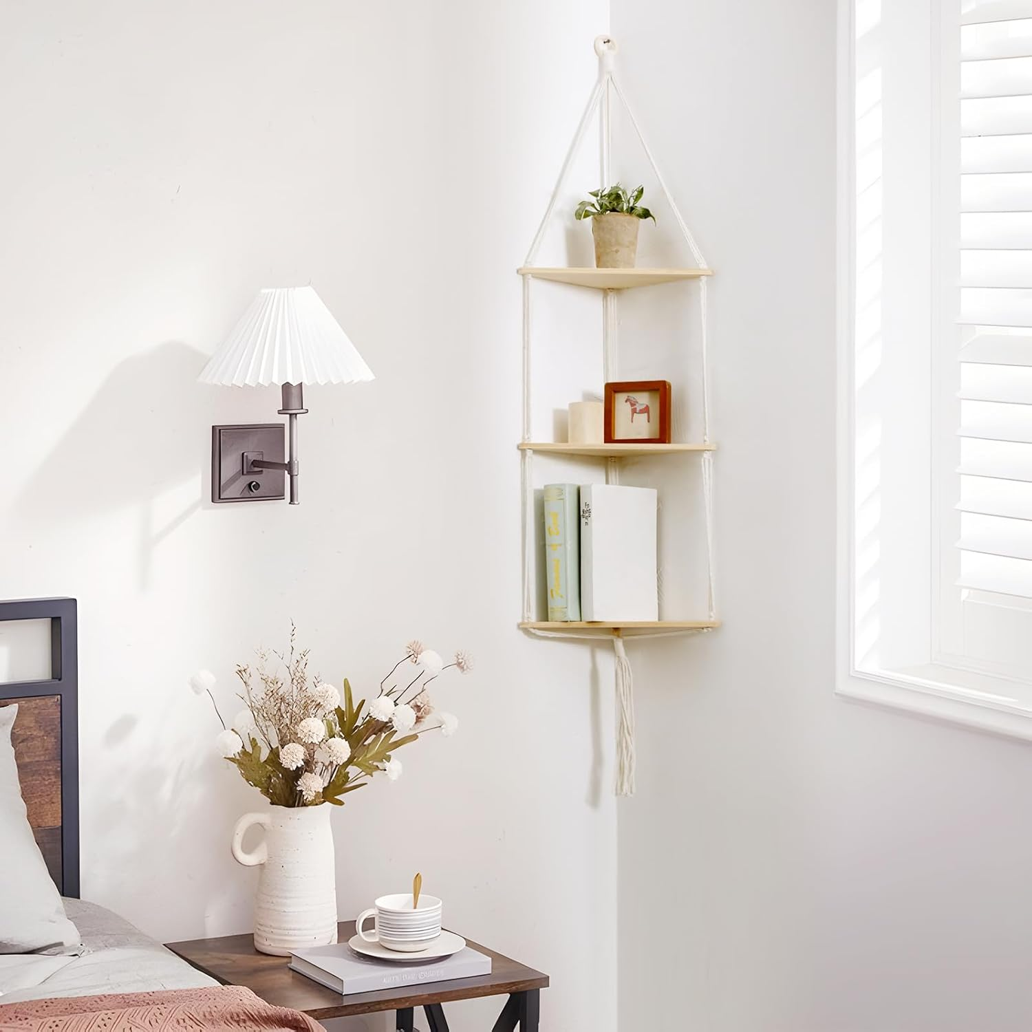 Artilady White Corner Floating Shelves Wall Hanging- Macrame 3 Tier Corner Shelf Plant Wall Decor Boho Rustic Wooden Storage Orgnizer for Bedroom Living Room Pots Photos - Black 3 Layers image number 3