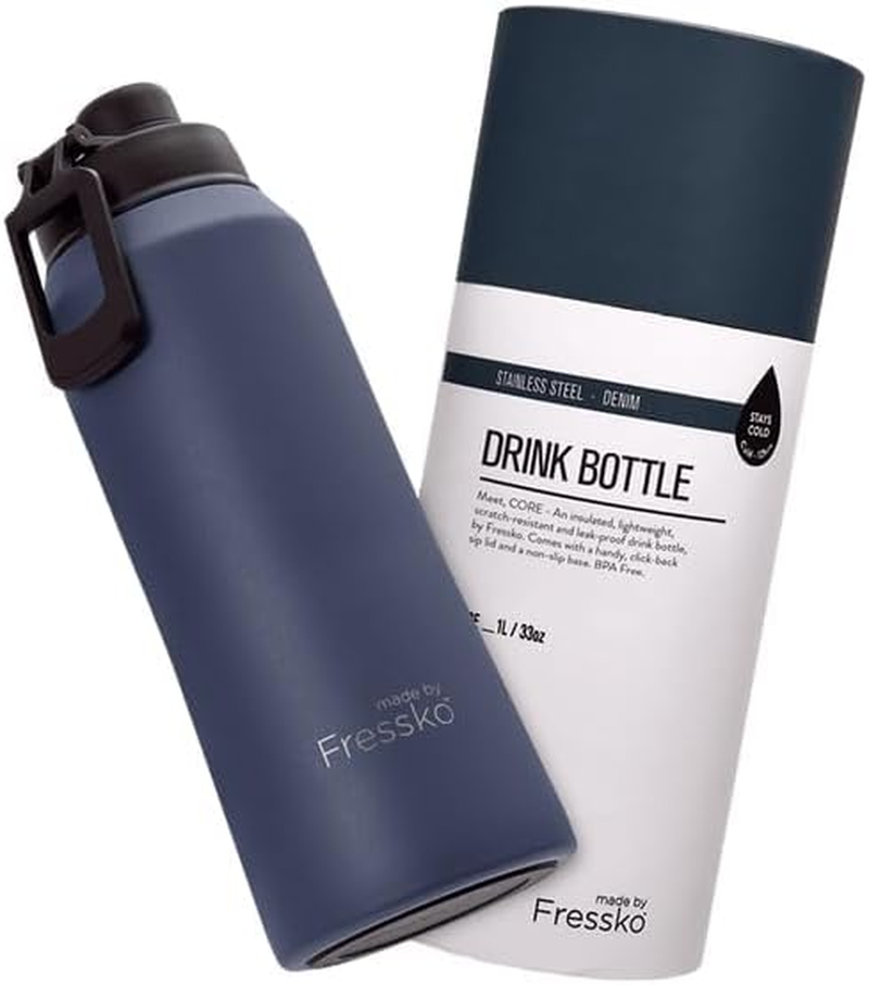 Made by Fressko | Core Wide Mouth Insulated Stainless Steel Water Bottle-Denim | with Sip Lid | 34Oz 1L |Bpa-Free | Leak Proof Lid