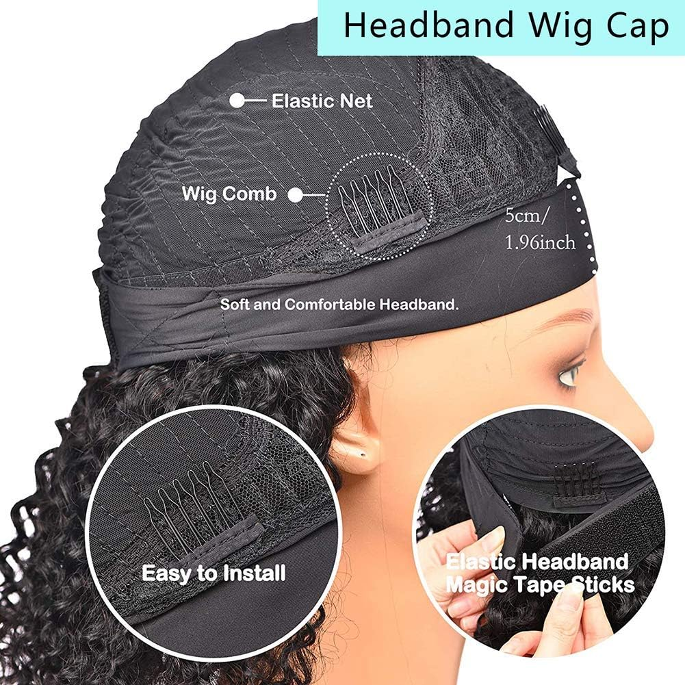 Wig with Headband Human Hair Curly Glueless Brazilian Wig Curly No Lace Headband Wig Deep Wave Wigs for Women Black Natural Color 26 Inch image number 2