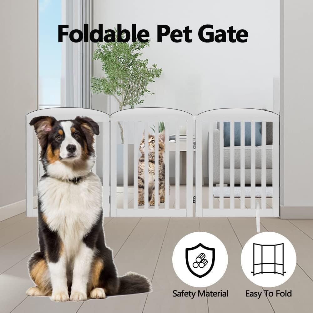LIODUX Wooden Freestanding Pet Gate for Dogs, Foldable Wooden Dog Gates with 2PCS Support Feet, for Doorways Stairs, Indoor Pet Puppy Safety Fence, Extra Wide, 60CM High, 150 CM Wide (White,3 Panels) image number 1