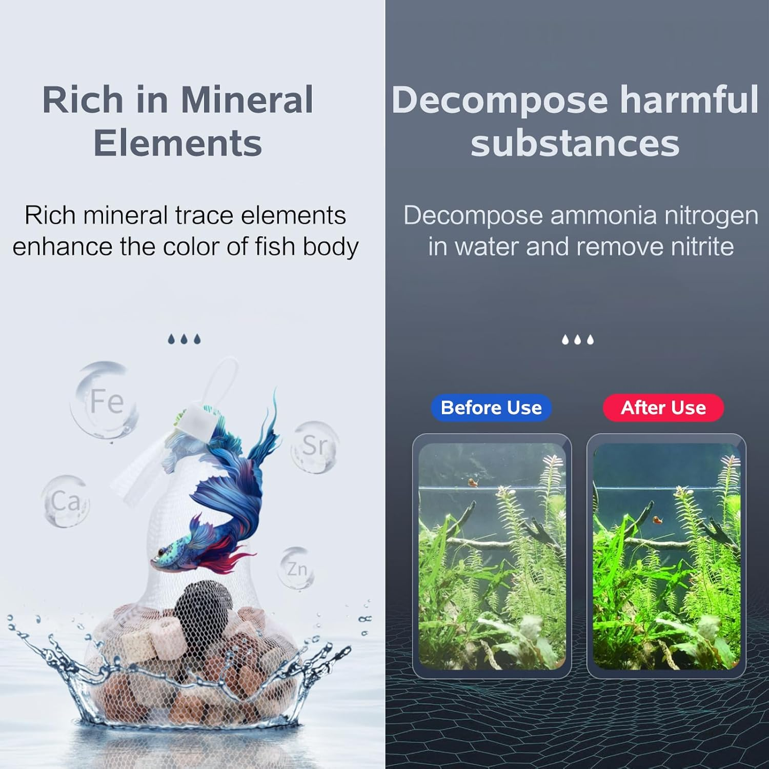 SUSOO 12 in 1 Aquarium Filter Media,Enduring Effect Sink Bio Media with Filter Net Bag,Activated Carbon,Bio Balls,Ammonia Remover Rock,Ceramic Rings,For Fish Tank Accessories Clear Water (650G/1.4Lb) image number 2