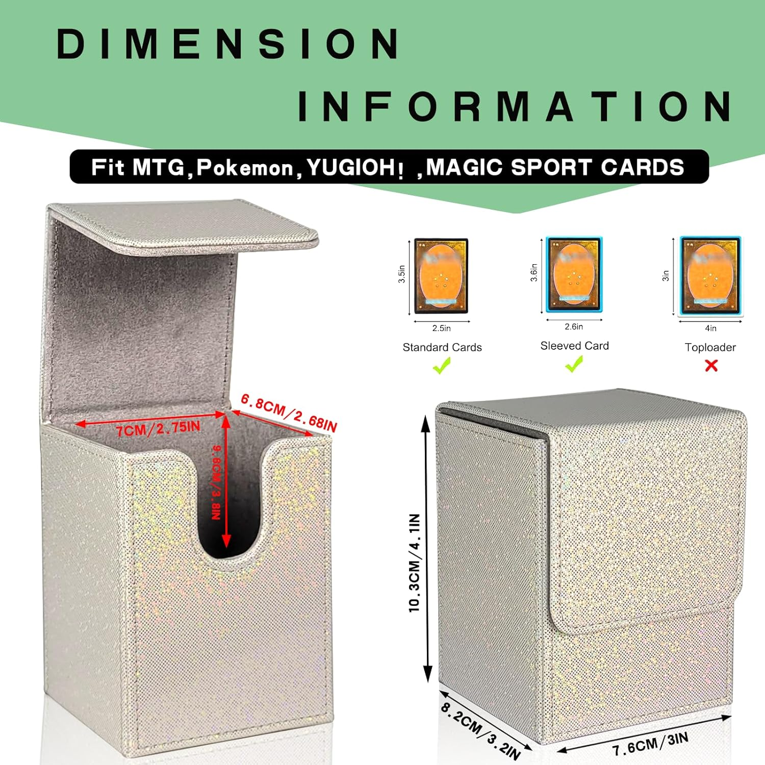 Dmoicols Sparkly Card Deck Box Holds 100+ Single Sleeved Cards,Leather Card Storage Case,Mtg Commander Deck Box with 2 Dividers Fit TCG CCG Magic Cards Vertical(Sparkly White Point) image number 4