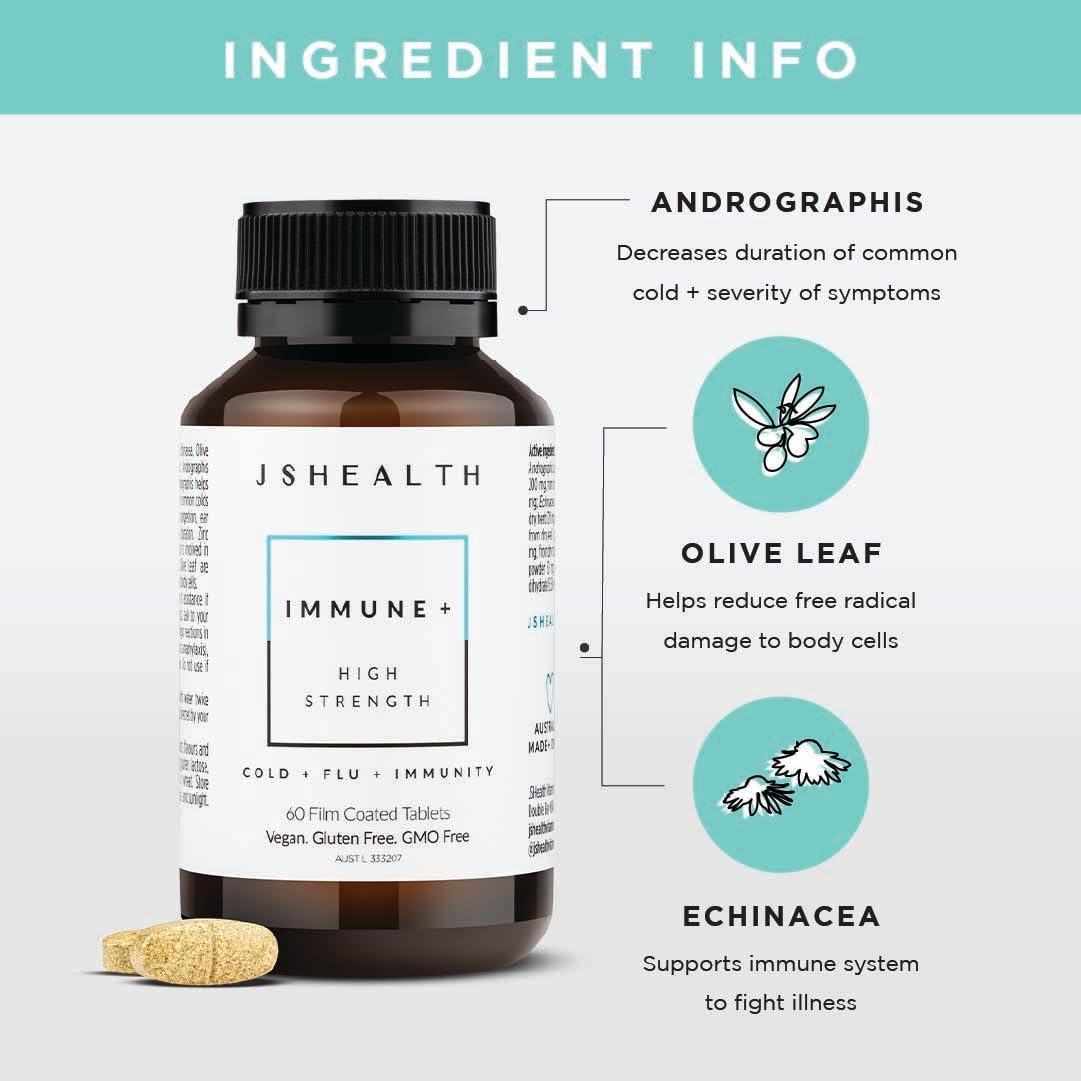 Jshealth Vitamins Immune+ Supplement for Immune System Support | Relieve Severity of Symptoms of Common Colds and Flu | Andrographis Echinacea Olive Leaf | (60 Tablets) image number 2