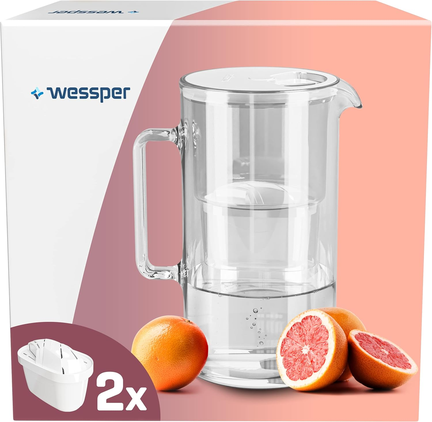 Wessper Glass Filter Jug with Two Filters for Carafes, Compatible with Brita Maxtra, Brita Maxtra+, Large Capacity 3L, Carafe Kit + 2 Cartridges- Mint