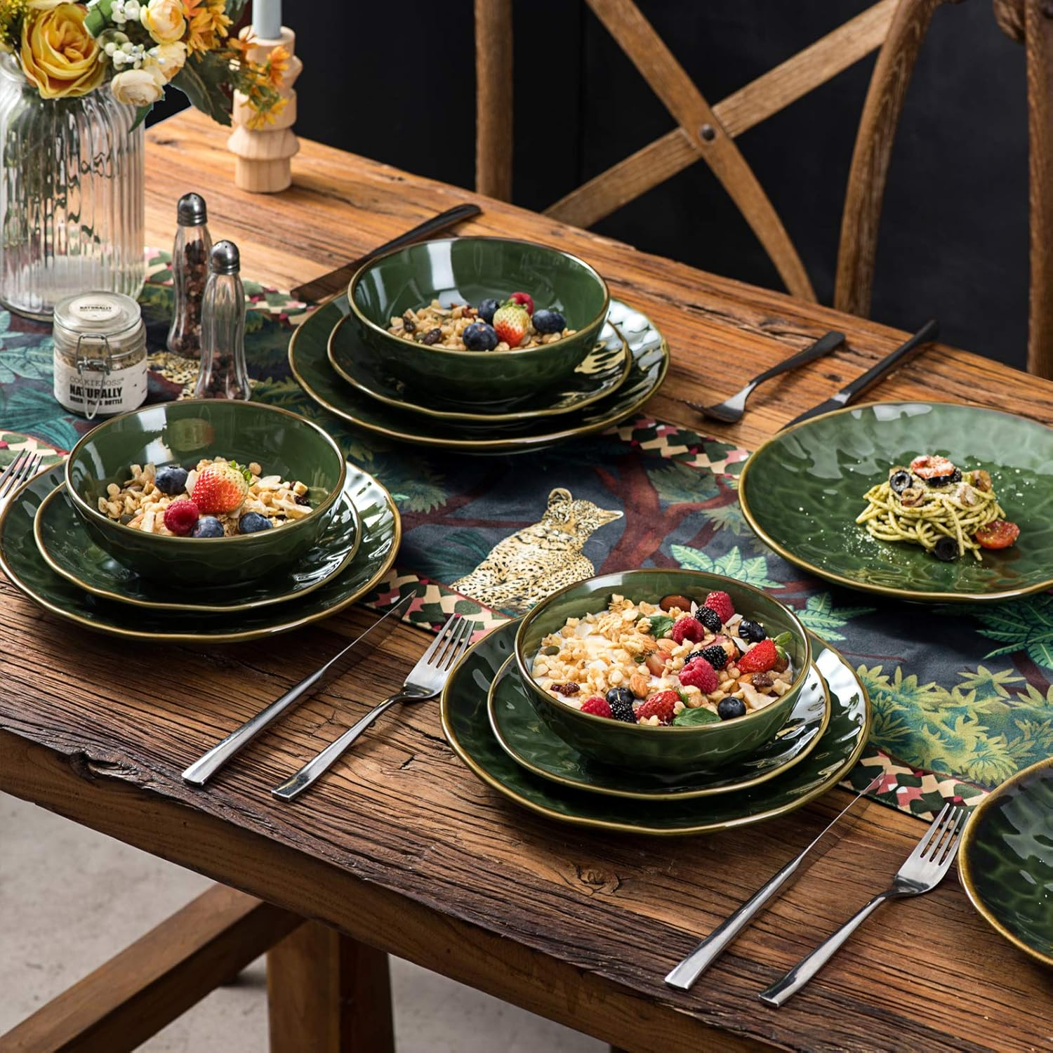 Vicrays Ceramic Dinner Plate Set, 26.7 Cm Round, Microwave, Oven Safe, Dishwasher Safe, Scratch Resistant, Porcelain Fluted Suitable for Steak, Pasta, Pizza, Home, Party, Green image number 5