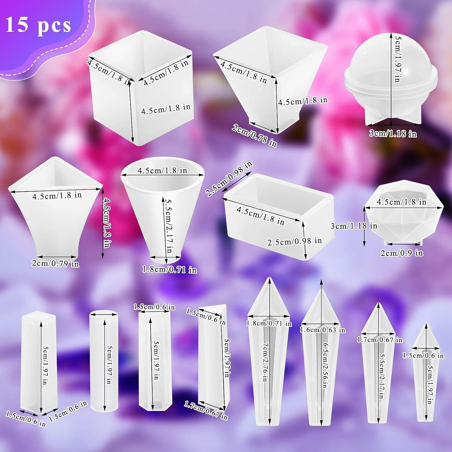 15 Pieces Crystal Resin Molds Pendulum Crystal Molds Include Pyramid Silicone Resin Mold, round Cone Resin Mold, Sphere, Triangular Cone, Multi-Facet Gemstone Cube Resin Mold for Jewelry Making image number 1