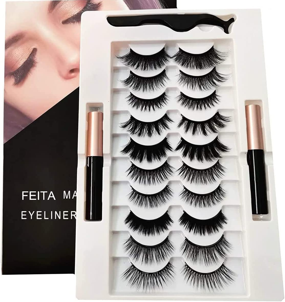 FEITA Upgraded Magnetic Eyelashes Kit with Eyeliner - 10 Pairs Magnetic False Lashes Natural Look with Applicator, 2 Tubes Magnetic Eyeliner - Easy to Apply & No Glue Needed image number 5