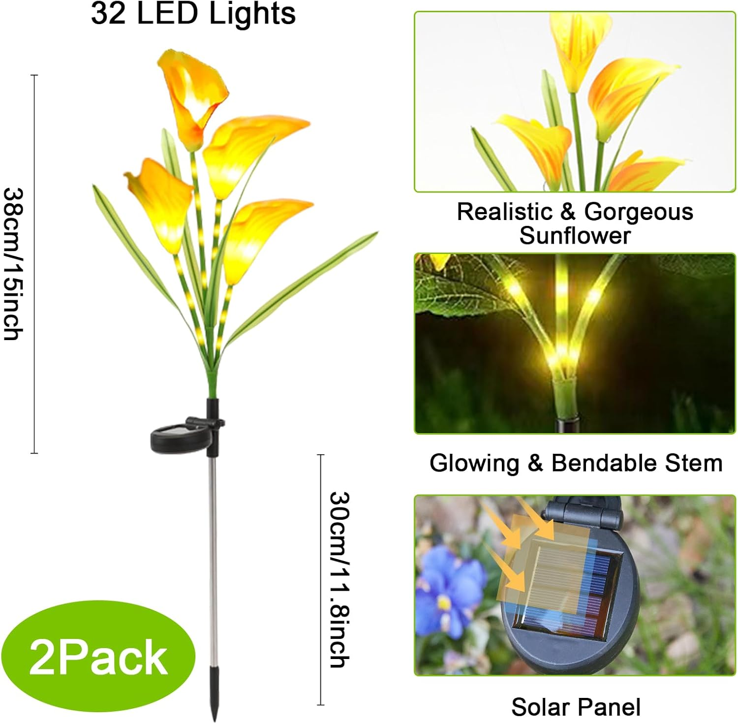 Acxilexy Pack of 2 Solar Garden Lights Outdoor, Calla Lily Flower Light with 32 Leds and 4 Flowers, Waterproof Flower Lantern, Solar Lights for Patio, Lawn, Patio, Christmas Decorations - Calla image number 5