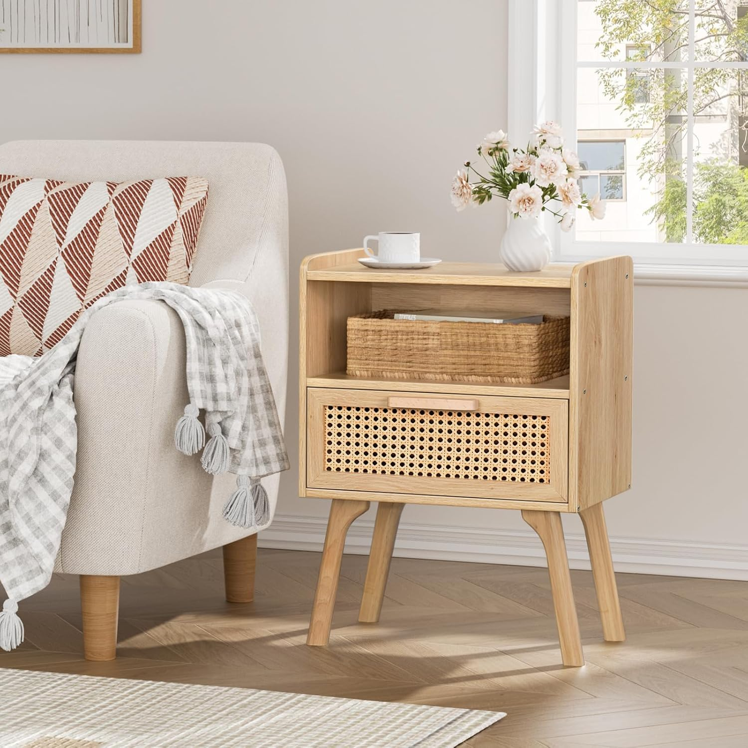 LELELINKY Rattan Nightstand, Small Side Table with Wooden Drawer and Open Shelves, Bedside Table with Solid Wood Legs, Living Room Sofa End Table, Bedroom Night Stand image number 3