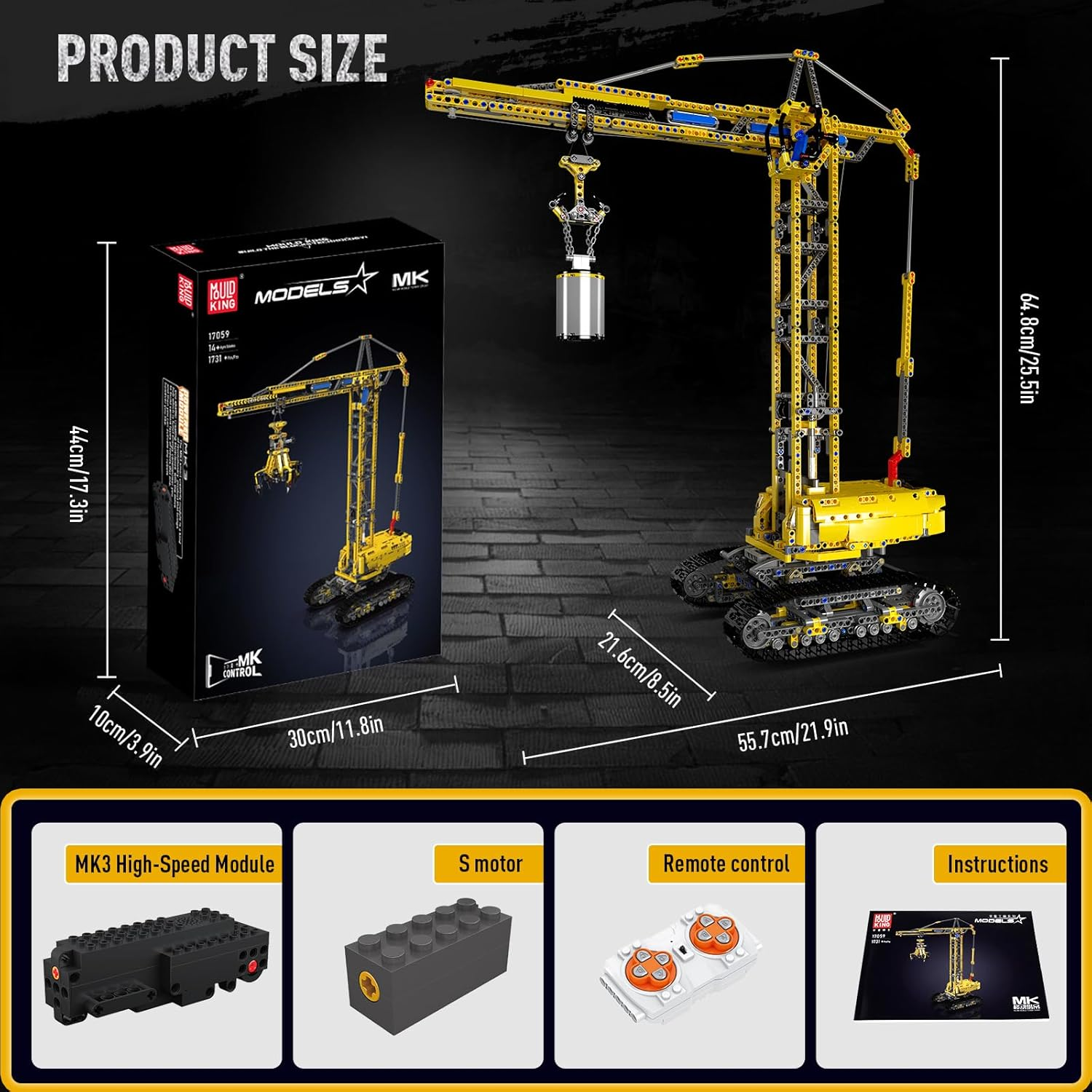 Mould King 17059 Crawler Crane Engineering Vehicle Building Set, Remote Control Excavator Car Model Block Kit MOC, STEM Gift Toy to Build for Boys Girls Aged 14+ 1731Pcs