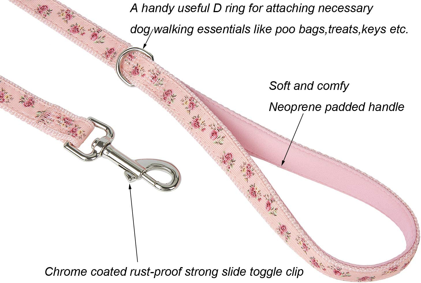 YUDOTE Floral Dog Collar and Lead Set Medium,Strong Pink Nylon Collar and Leash Combo for Active Female Dogs Daily Use,Floral Pink image number 6