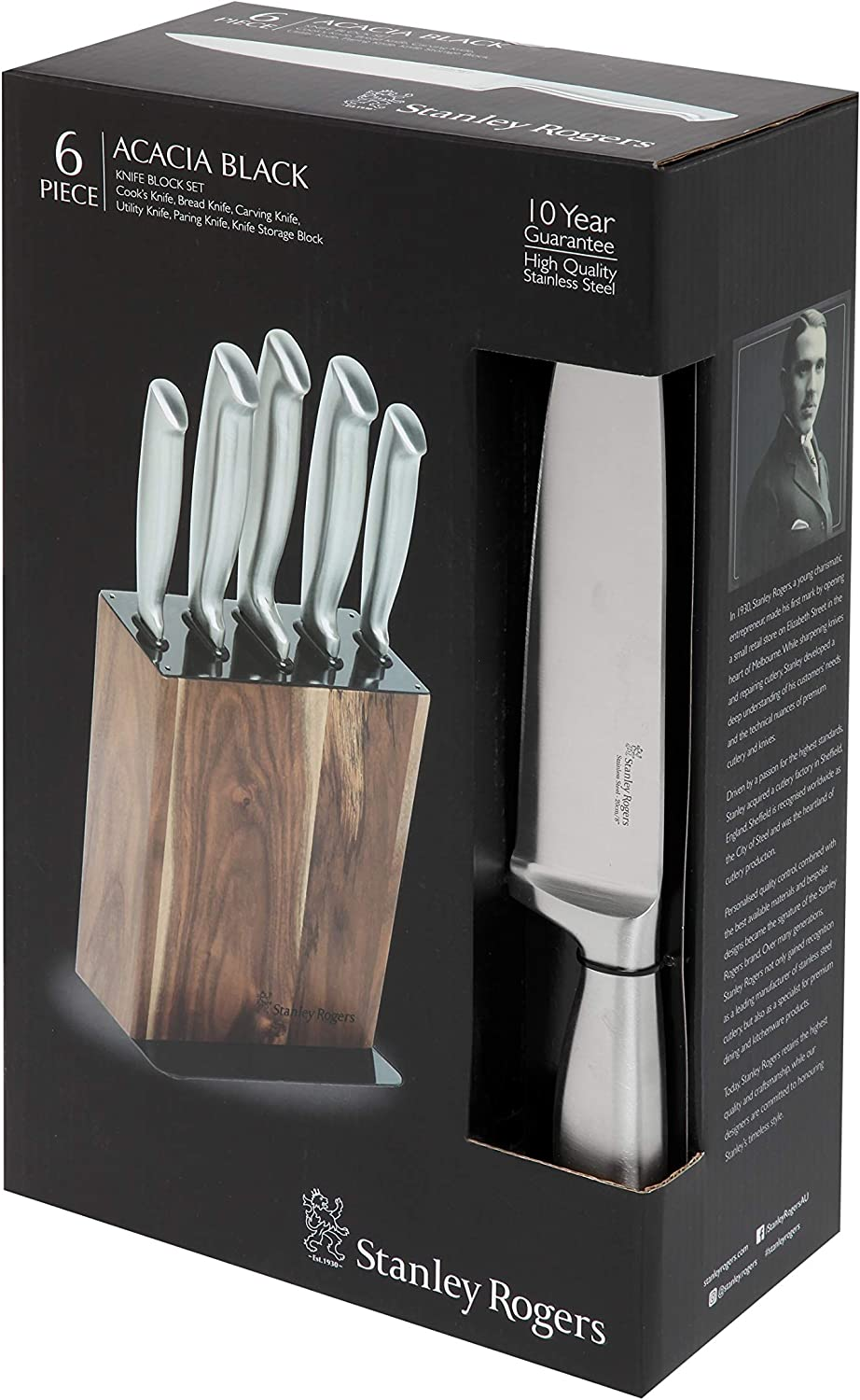 Stanley Rogers Black Acacia Knife Block Set 6 Piece &ndash; Stainless Steel Kitchen Knife Set with Cook&rsquo;S, Bread, Carving, Utility and Paring Knives &ndash; Premium Kitchen Accessories and Storage Solution image number 4
